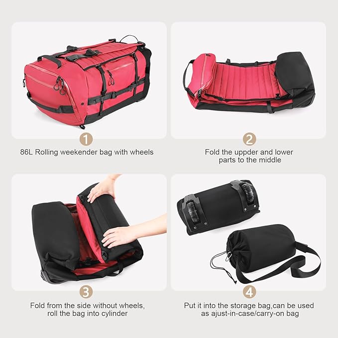 CONTAIL 86L Foldable Wheeled Duffel Backpack with Padded Quilted Bottom, Waterproof Collapsible Travel Duffle Bag with Extended Web Handles,No Telescope Handle,Red