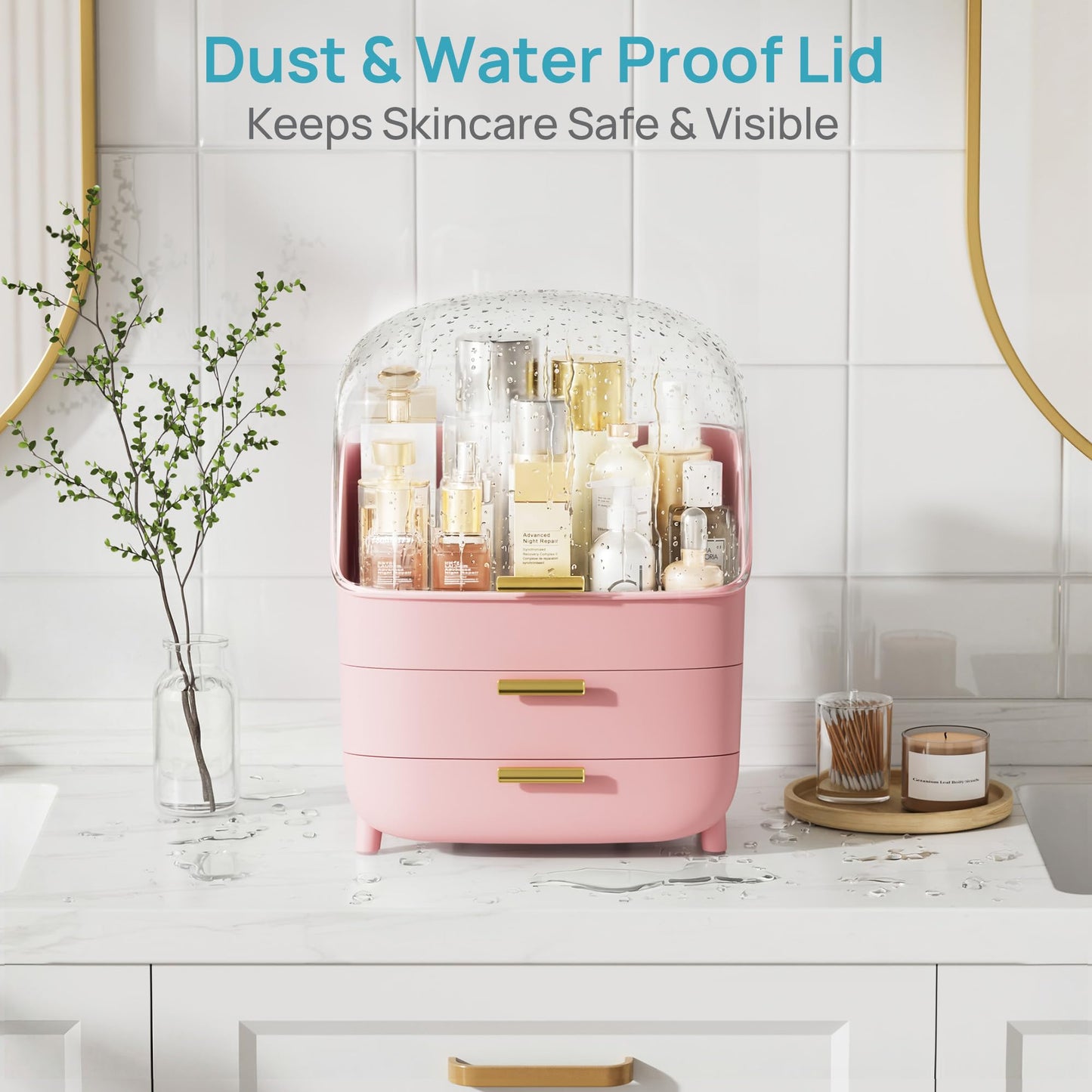 Vtopmart 3-Tier Skincare Makeup Organizer with Drawers and Lid for Vanity and Bathroom Countertop, Large Cosmetic Storage Box Case for Dresser, with Non-Slip Base, Pink