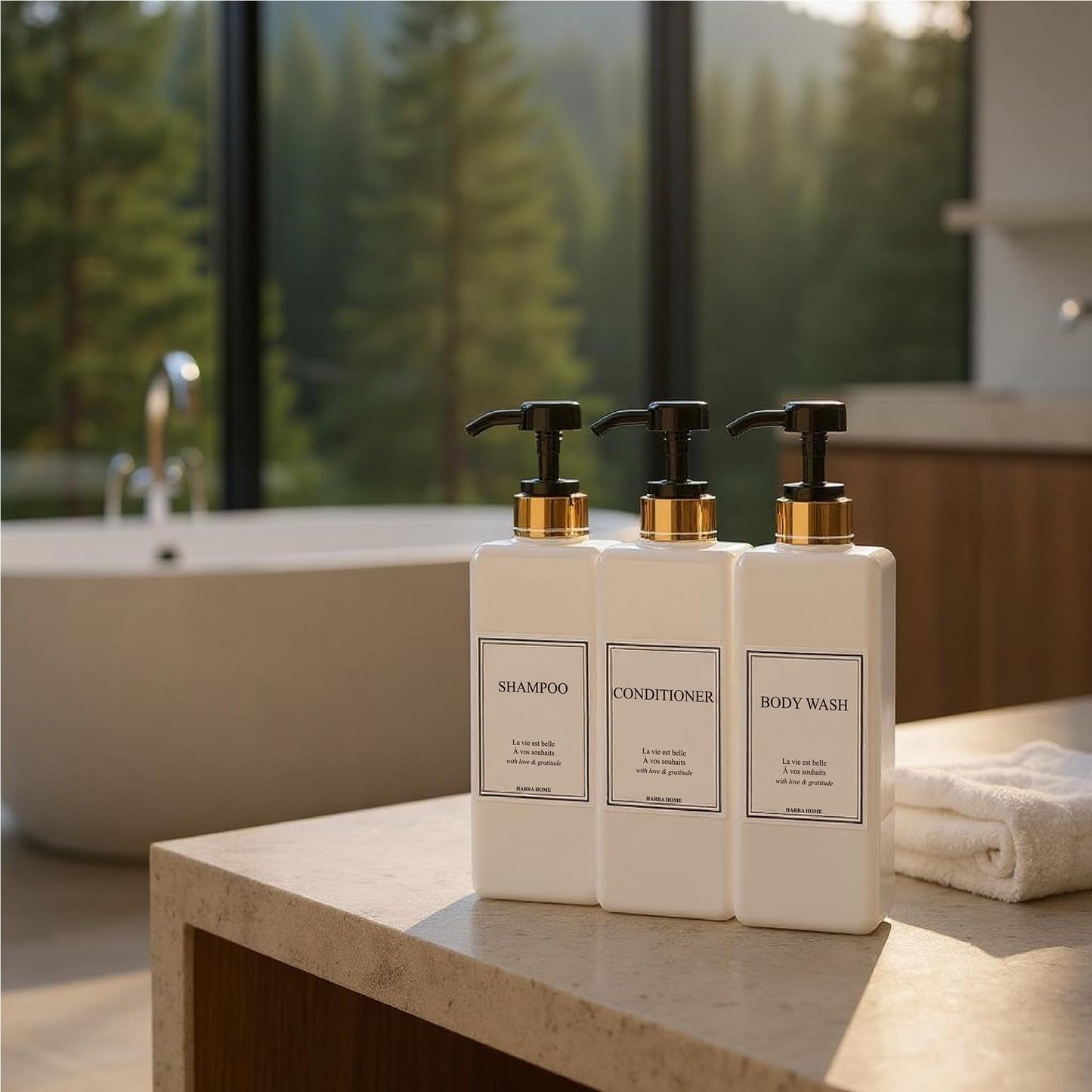 Modern Gold Design Shampoo and Conditioner Dispenser - Large 27oz Shower Soap Dispenser, Set of 3 Refillable Empty Plastic Pump Bottles for Bathroom and Body Wash (6 Waterproof Labels Included), Black