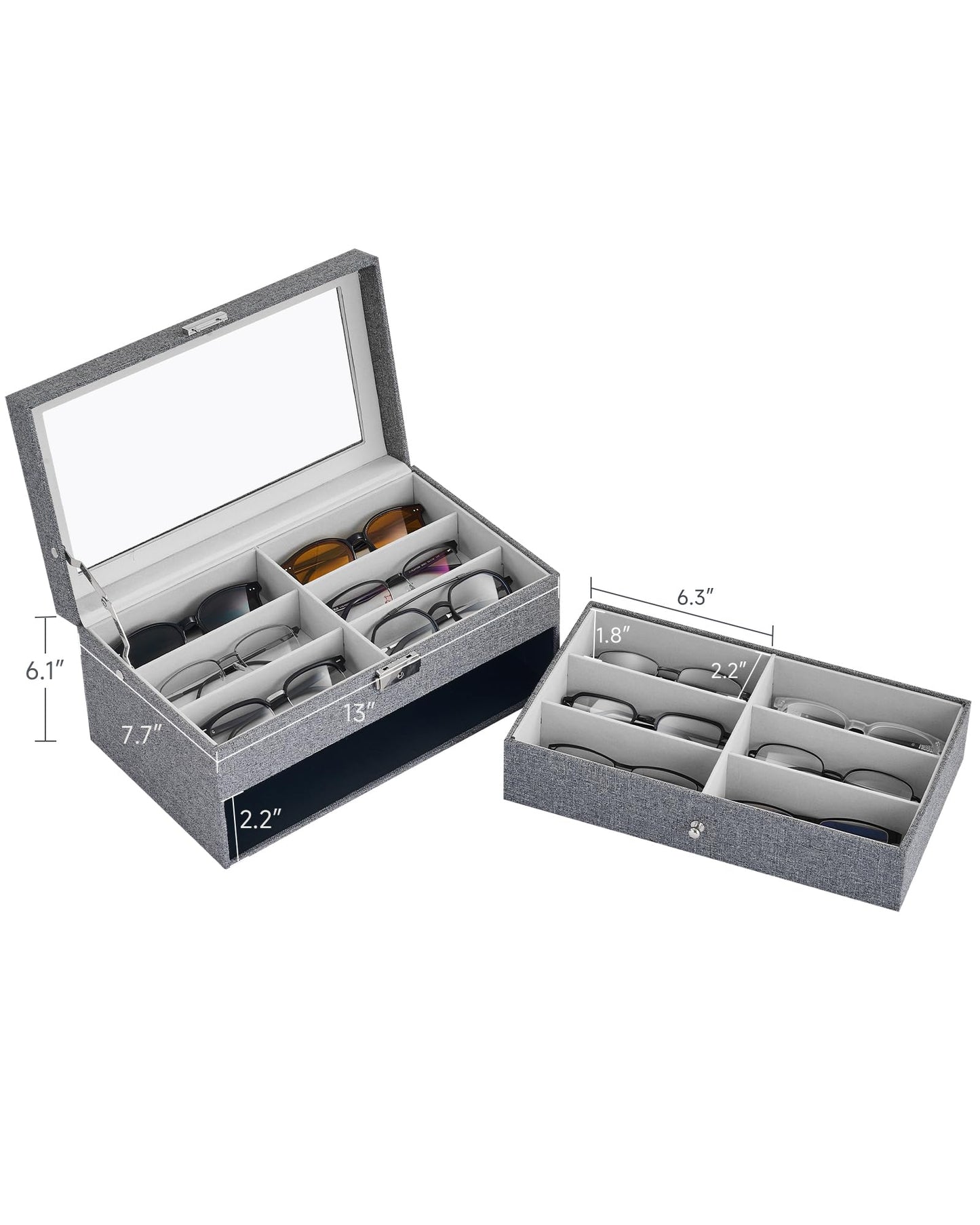 CO-Z Sunglasses Organizer with 12 Slots, Linen Eyeglasses Storage Box for Women Men, 2 Story Lockable Display Case for Multiple Glasses, Sunglasses Jewelry Collection Holder with Drawer, Grey