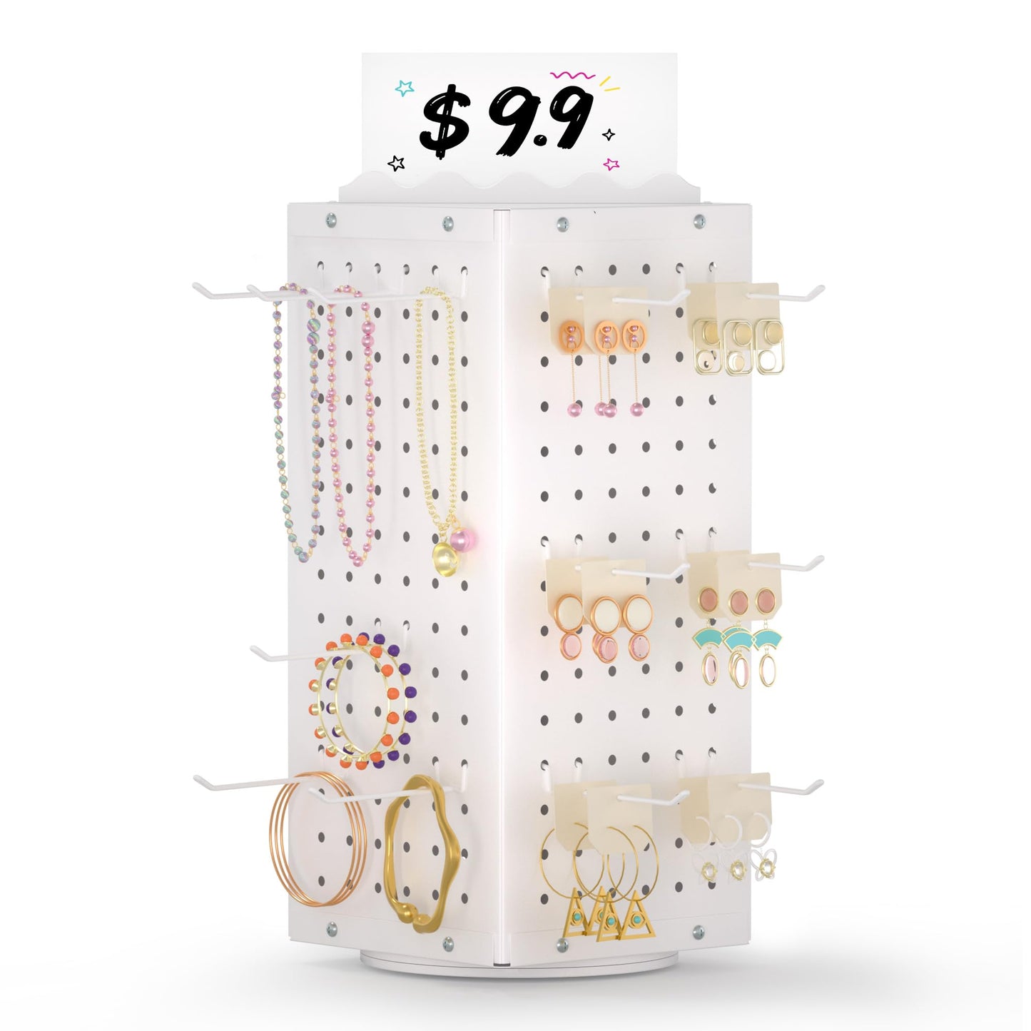 Urban Deco 360° Rotating Pegboard Display Stand with Signage, 4-Sided Spinning Peg Board Stand with 24 Hooks for Jewelry, Earring & Keychain Holder Displays for Craft Shows & Vendor Events (White)