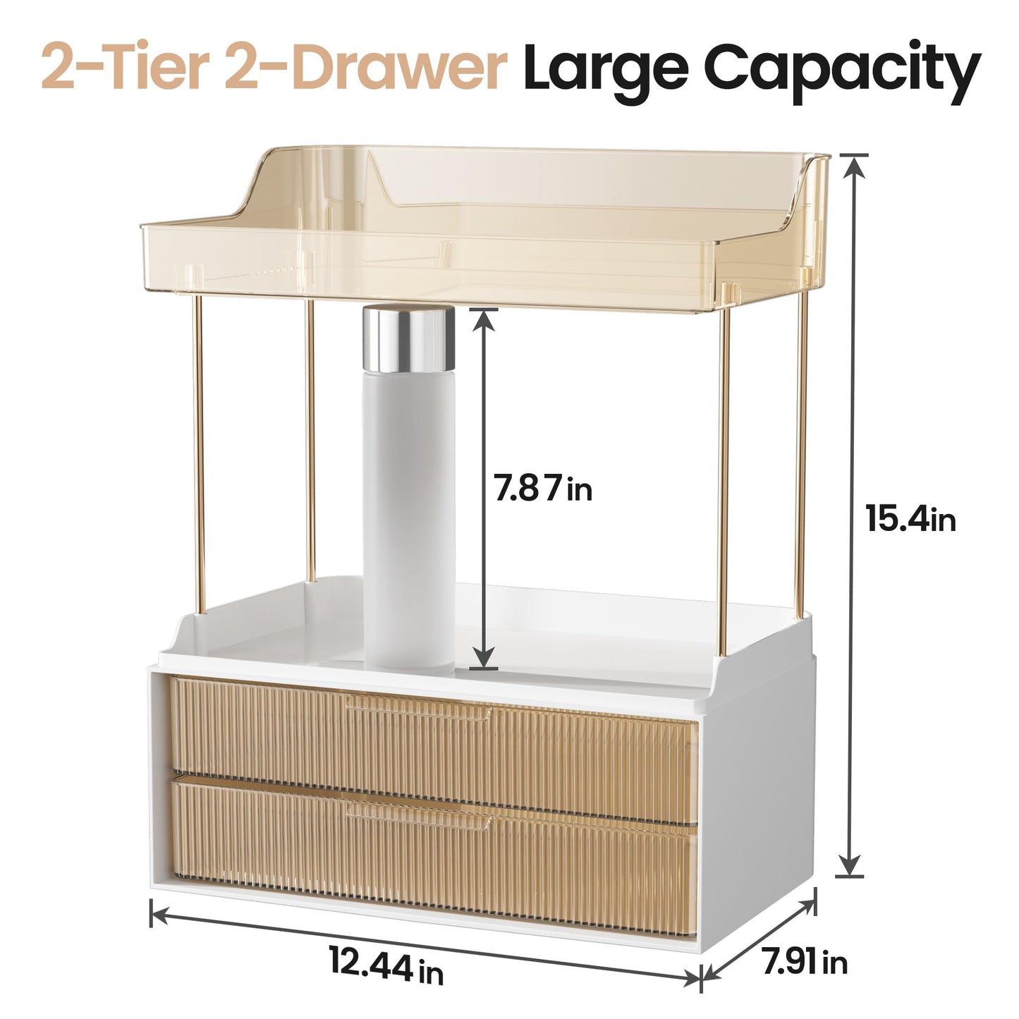 Delamu Bathroom Organizers and Storage, 2 Tier 2 Drawer Makeup Organizer Countertop, Easy to Install, Ideal for Bathroom Counter, Vanity, Ideal Gifts for Women Girls, Amber
