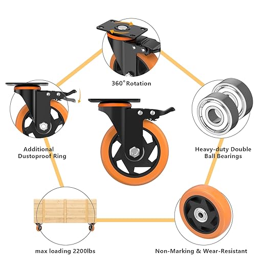 4 Inch Caster Wheels,Orange Casters Set of 4, Heavy Duty Casters with Brake 2200 Lbs, Locking Industrial Swivel Top Plate Casters Wheels for Furniture and Workbench Cart(Two Hardware Kits Include)