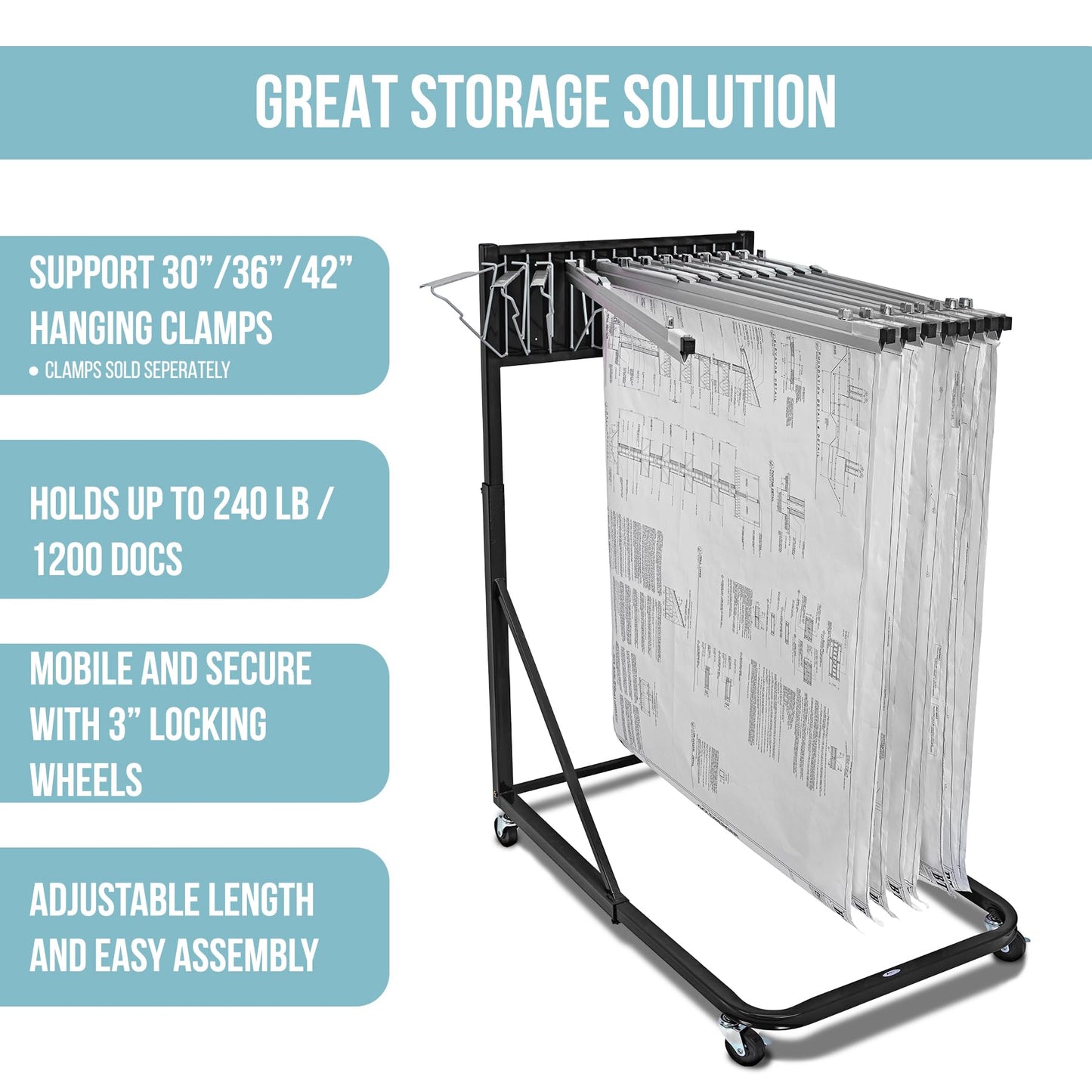 Adir Mobile Blueprint Holder – Construction Plan Rack, Map Organizer, Blueprint Rack, and Poster Display Rack for Jobsite and Office (Without Blueprint Clamps)