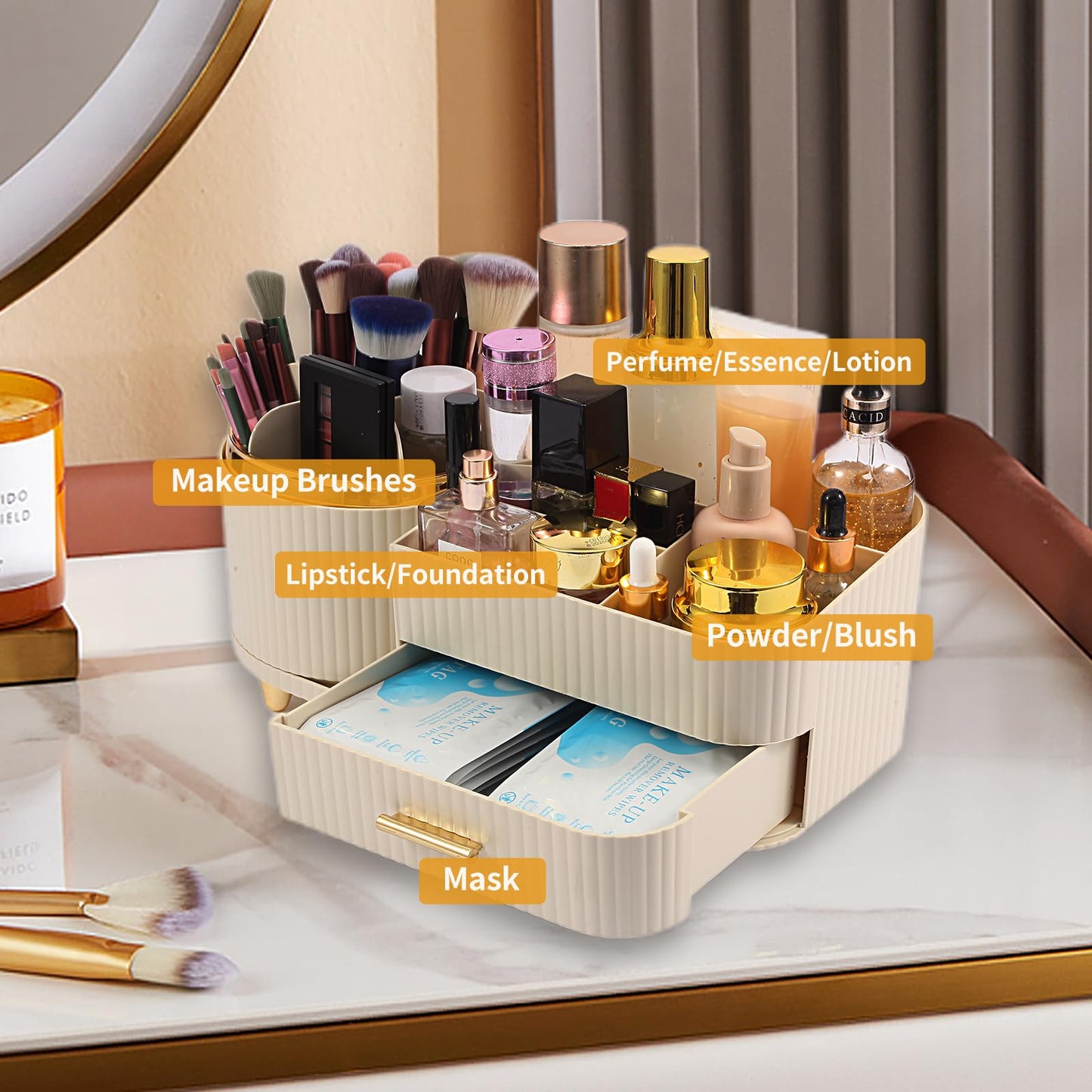 Zufudo Makeup Organizer Countertop with Drawer 360 Rotating Brush Holder Storage Large Capacity Skincare Cosmetic Display Cases for Vanity Bathroom Desktop, Model 3016 Cream