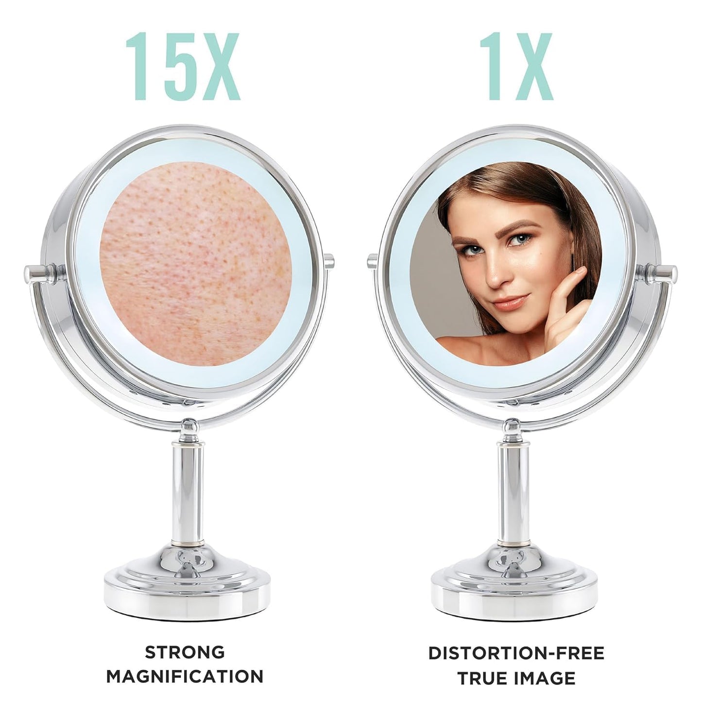 Danielle Creations Professional-Grade Double-Sided L.E.D. Vanity Mirror with Strong 15X Magnification, 360-Degree Rotation, Ultra-Vue Distortion-Free True Image Reflection, Silver Chrome Finish