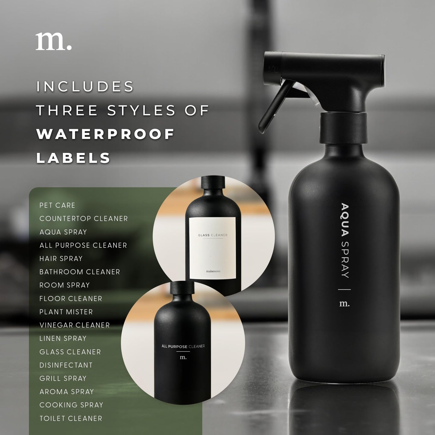 MAISONOVO Glass Spray Bottles 16 Oz Pack of 2 - Durable Black Spray Bottle with Fortified Glass & Fine Mist Pumps - Ideal for Salons, Barbers, Stylists, Pet Groomers & Daily Hair Care - 16 Labels