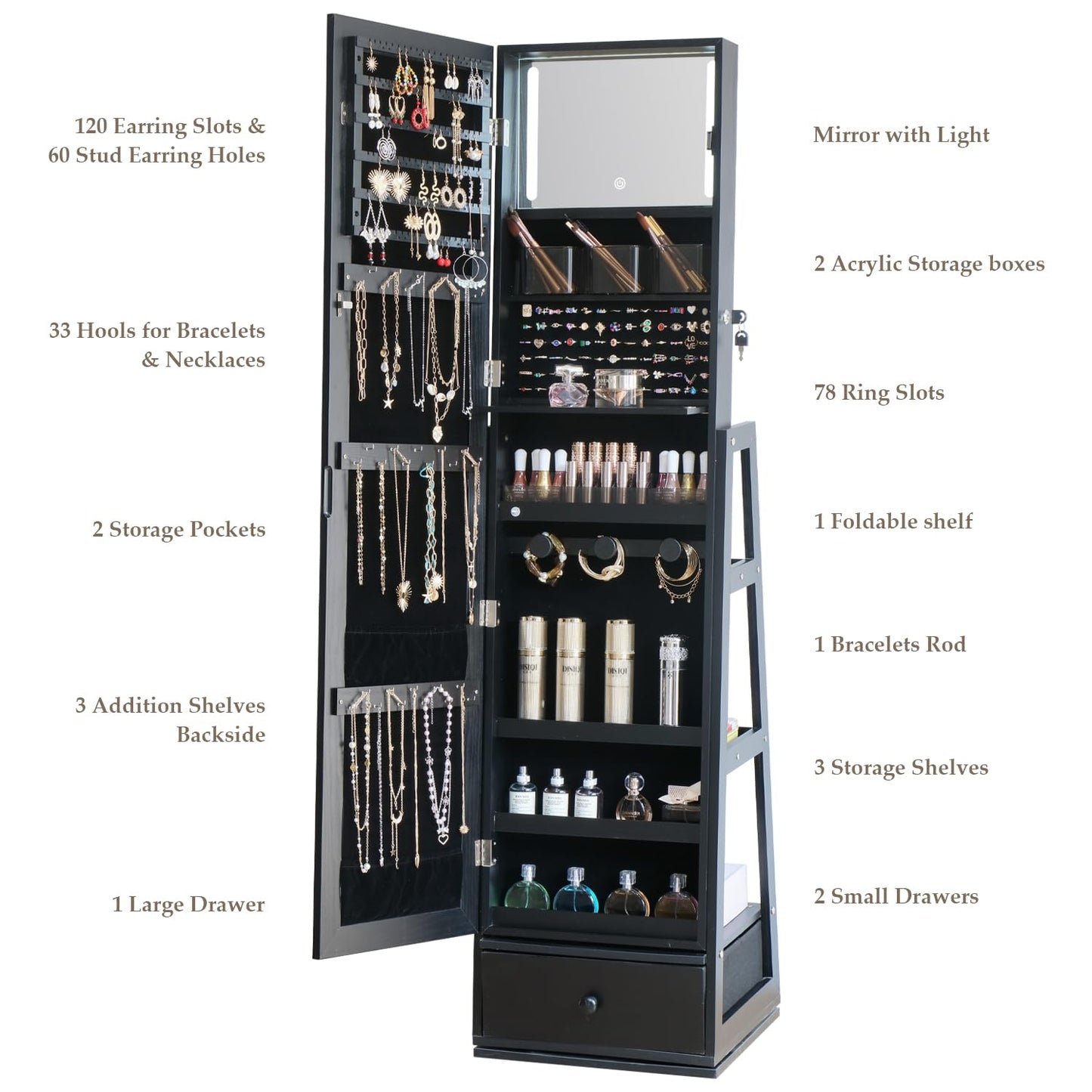 MASMIRE Full Length Jewelry Cabinet Standing With Built-In Mirror Jewelry Armoire With Mirror Drawers, Lockable Storage Mirror With Storage Racks Black
