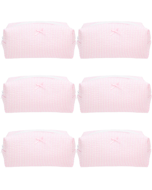 PAZIMIIK 6PCS Cozy Makeup Bag SET Travel Cosmetic Bag for Women Soft Toiletry Bag Aesthetic Makeup Organizer Portable Large Zipper Pouch for Skincare Beauty Accessories Brushes Stripe Pink