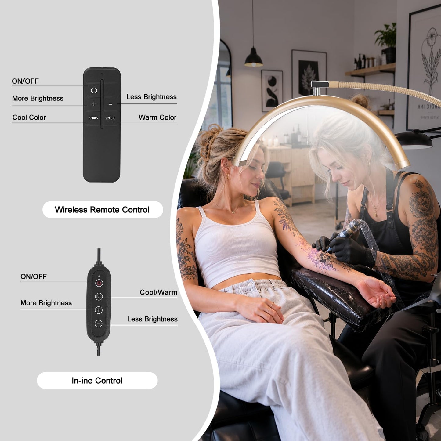 MINIEAR Half Moon Lash Light for Eyelash Extensions & Estheticians, Dimmable LED Lash Lamp with Flexible Gooseneck, Shadow-Free Moon Light for Lash Tech, Tattoo, SPA, Eyelash Lamp (Gold)
