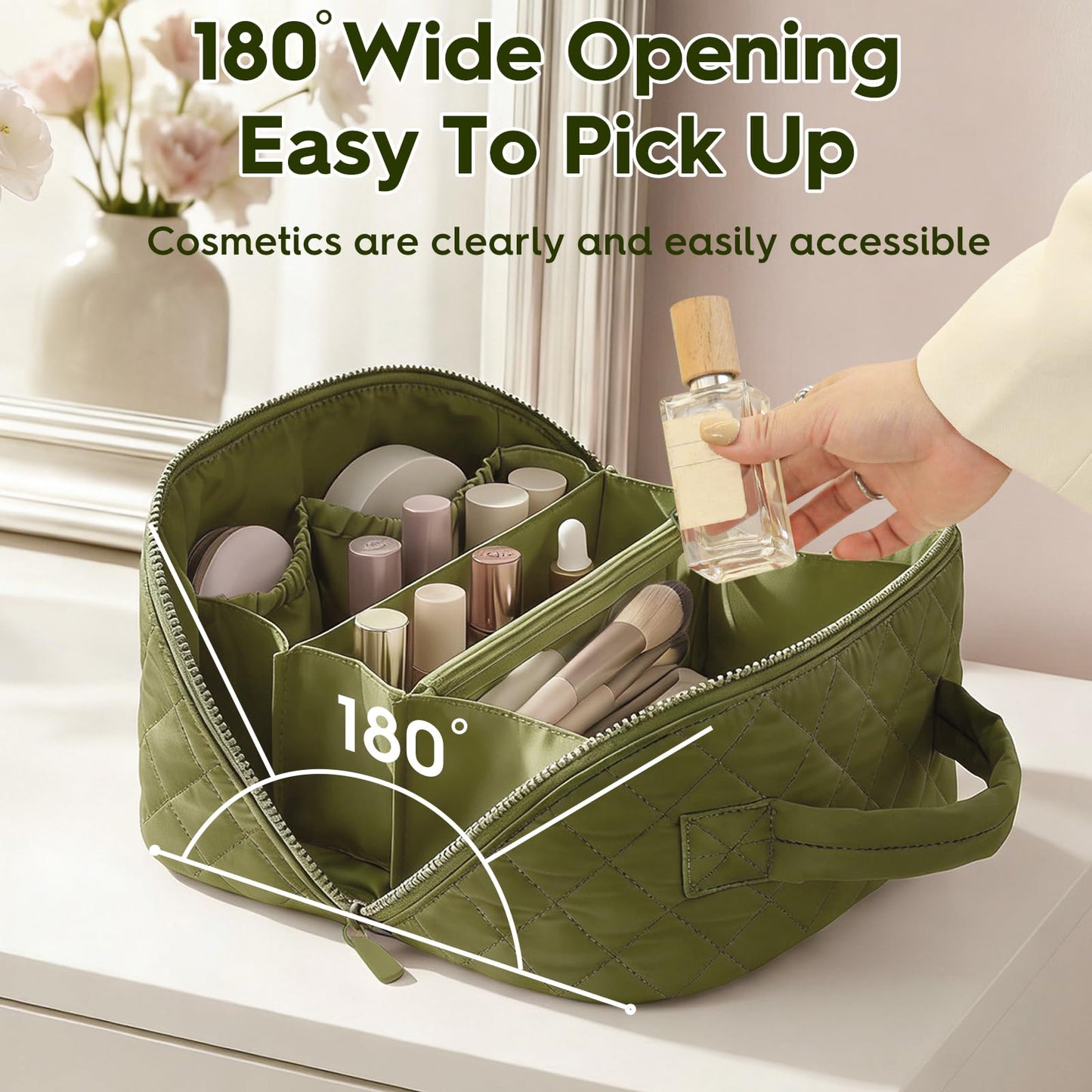 Kezzfpa Makeup Bag, Quilted Makeup Bag, Cosmetic Organizer Bag, Travel Makeup Bag, Waterproof Pouch Toiletry Bag for Women Makeup Organizer Case (Green)