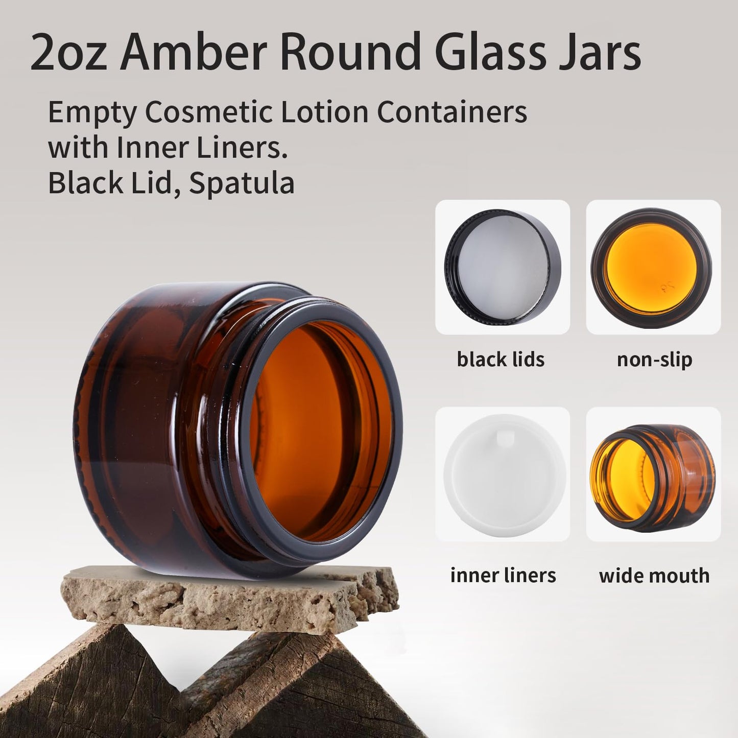 OverNews 2oz Amber Glass Jar Travel Size, 45PCS Empty Cosmetic Lotion Container with Black Lid & Spatula, Small Mini Jar for Beauty (Amber)