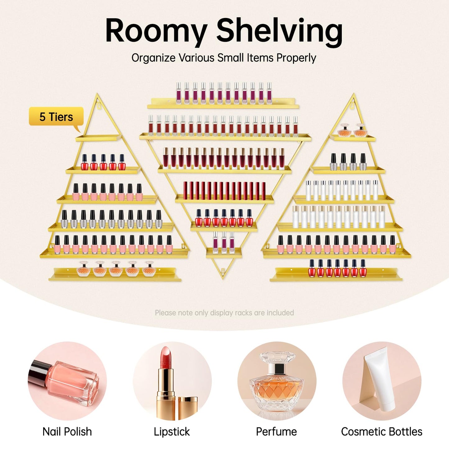 InnaMall 5 Tier Wall-Mounted Nail Polish Display Rack, 6PCS Metal Triangular Nail Polish Racks Holds Up to 90 Bottles Each Triangle for Nail Salon, Cosmetics & Beauty Shop Gold