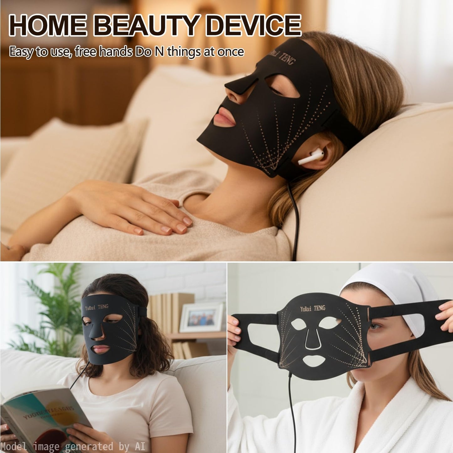 YuRui TENG Red Light Therapy for Face 7 -color light modes，3-in-1 Fusion LED Beads, 1200mAh red light therapy face mask with timer, suitable for home use ， Brighten and tighten skin tone (Black)