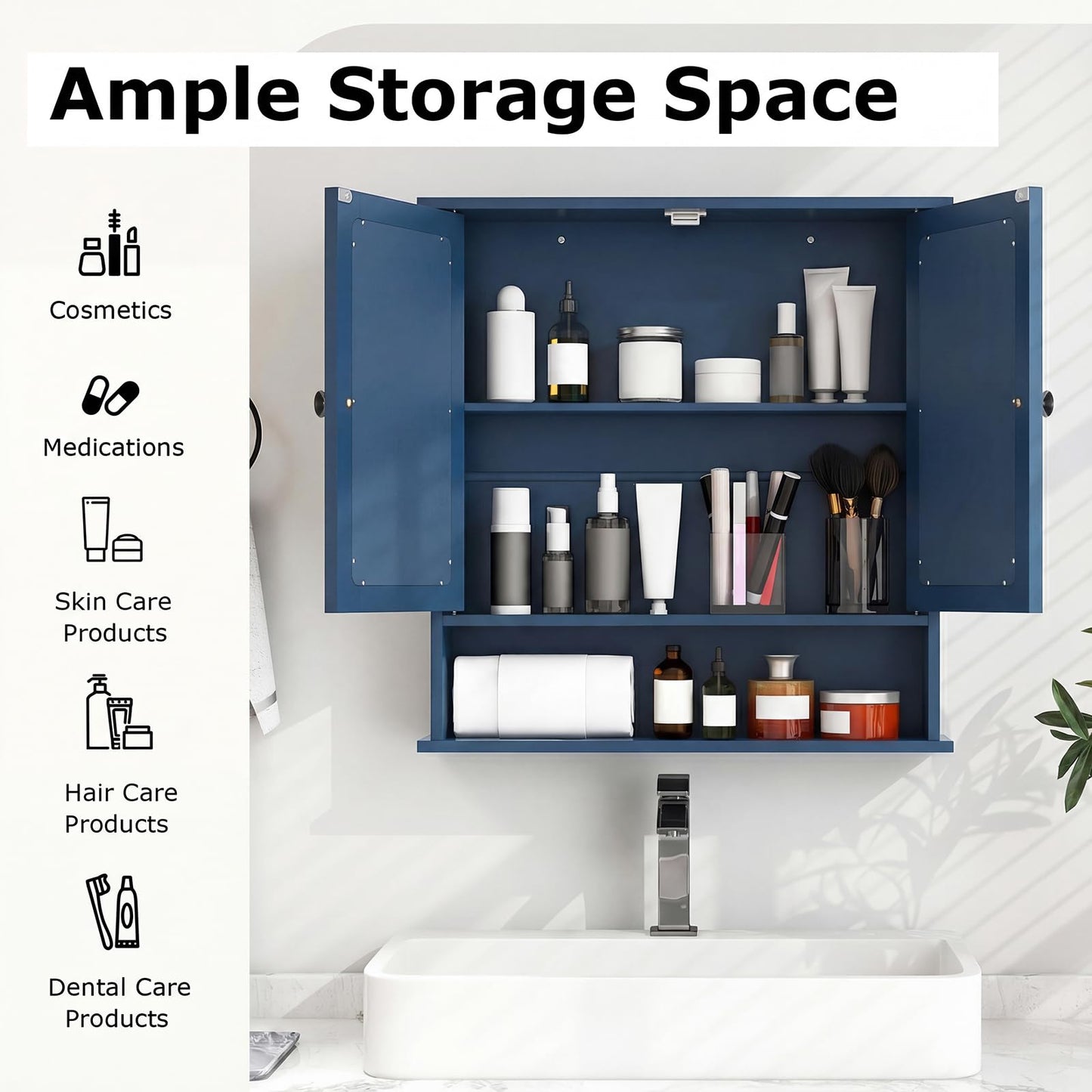 Tangkula Bathroom Medicine Cabinet with Mirror, Wall Mounted Wooden Hanging Organizer with Doors and Shelves, Bathroom Wall Mirror Cabinet (Mirror Doors, Blue)