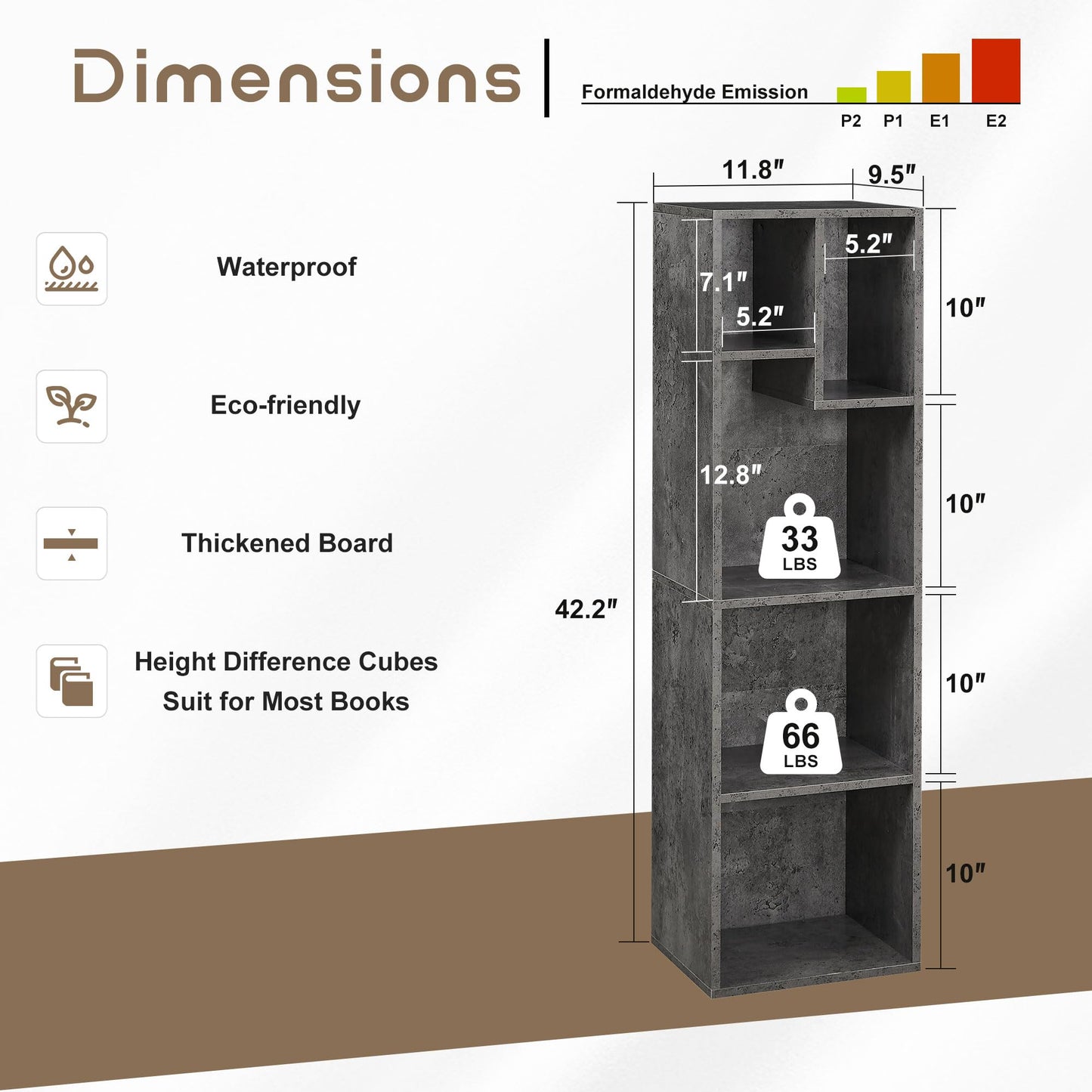 VECELO 4-Tier Bookcase, Modern Storage Cabinet with Height Difference Shelves for Standard Textbooks, 5 Cubes, Vertical or Horizontal, Easy Assembly, Grey