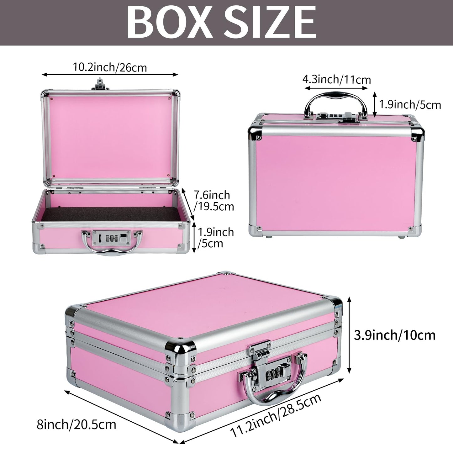 HUONIC Large Portable Cosmetic Box with 6 Accessories, Aluminum Makeup Storage Lock Case. 11.2 X 8 X 3.9 Inches, Great Gift for Women. (Pink)