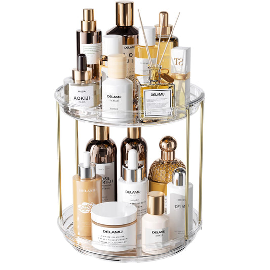 Delamu Rotating Makeup Organizer for Vanity, 2 Tier Bathroom Counter Organizer with Stackable Design, Spinning Skincare Organizer for Bathroom Countertop, Perfume Cosmetic Storage, Clear