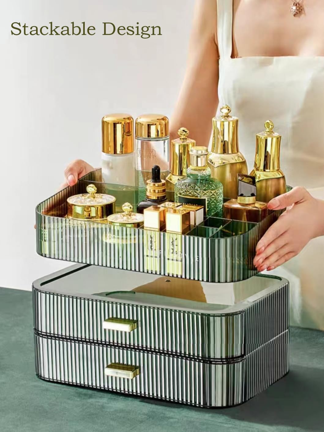 MIUOPUR Makeup Organizer with Stackable Drawers, Bathroom Vanity Organizers and Storage, Ideal for Desk and Dresser Countertops, Great for Cosmetics, Skincare, Lipsticks, Nail Care - Green