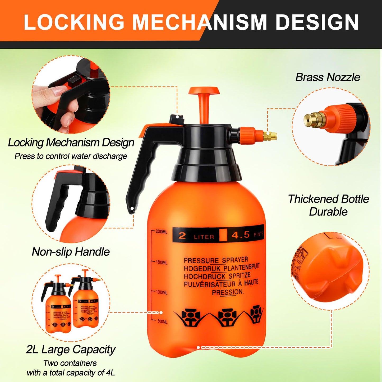 Acellegic 2 Set Handheld Pump Sprayer 2l Garden Pump Sprayers Adjustable Water Spray Bottles with Steel Nozzle Extended Rod for Plant Mist Watering Spraying Fertilizing Cleaning