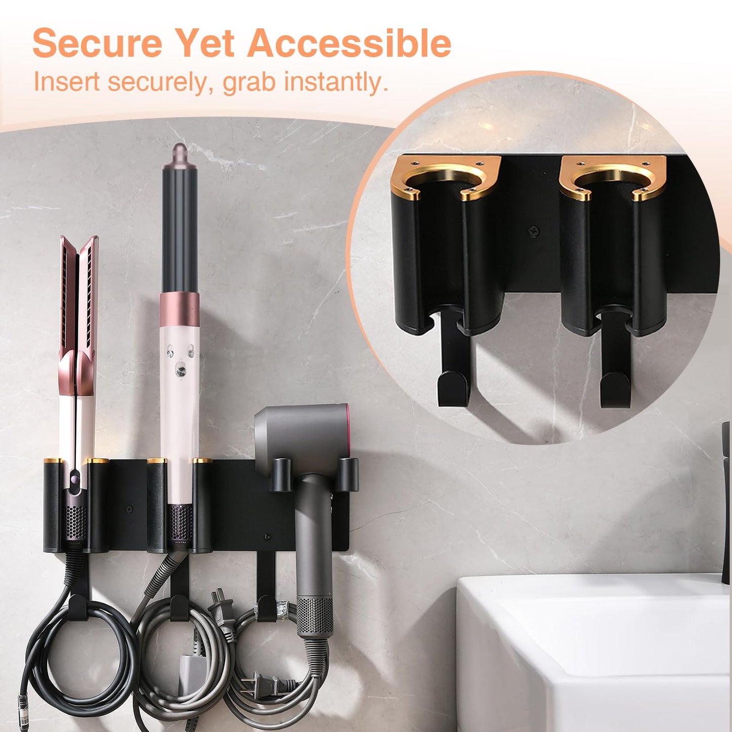 HAVICATO Hair Tool Organizer Wall Mount, Hair Dryer Curling iron Organizer, Flat Iron Straightener Holder, Aluminum Alloy & ABS plastic, Black and Gold (Not Including Hair Tools)