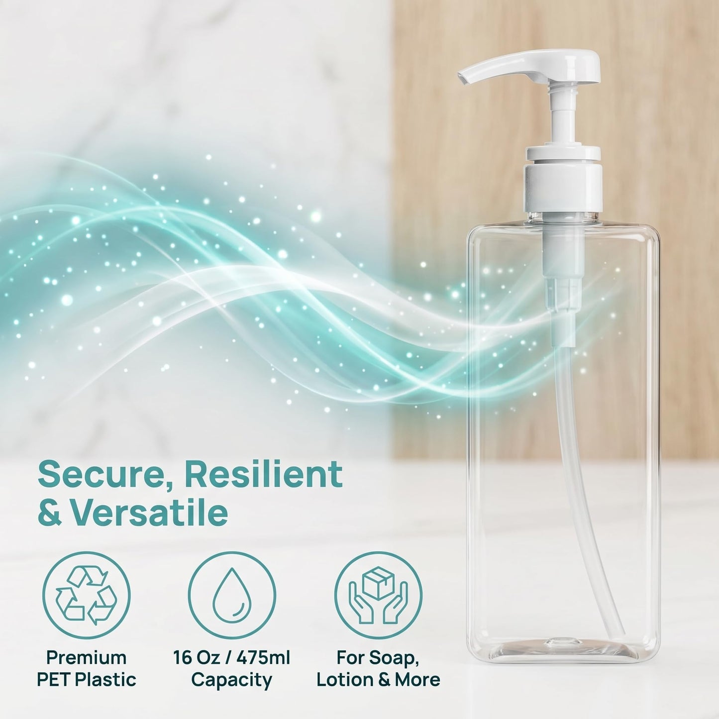 Okllen 12 Pack 16 Oz Plastic Pump Bottles, Empty Refillable Container Liquid Soap Dispenser for Shampoo, Lotion, Cleaning Products, Kitchen, Bathroom, Clear Square