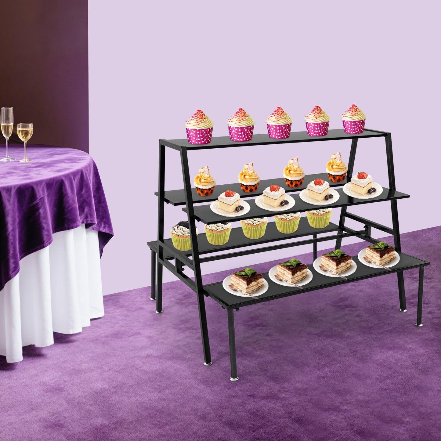 Nesting Tables for Retail Display, 3 Tier Metal Shoe Handbag Display Stand, Black Modern Retail Display Tables for Boutiques, Floor Standing Double Side Display Riser Shelf for Clothing Stores
