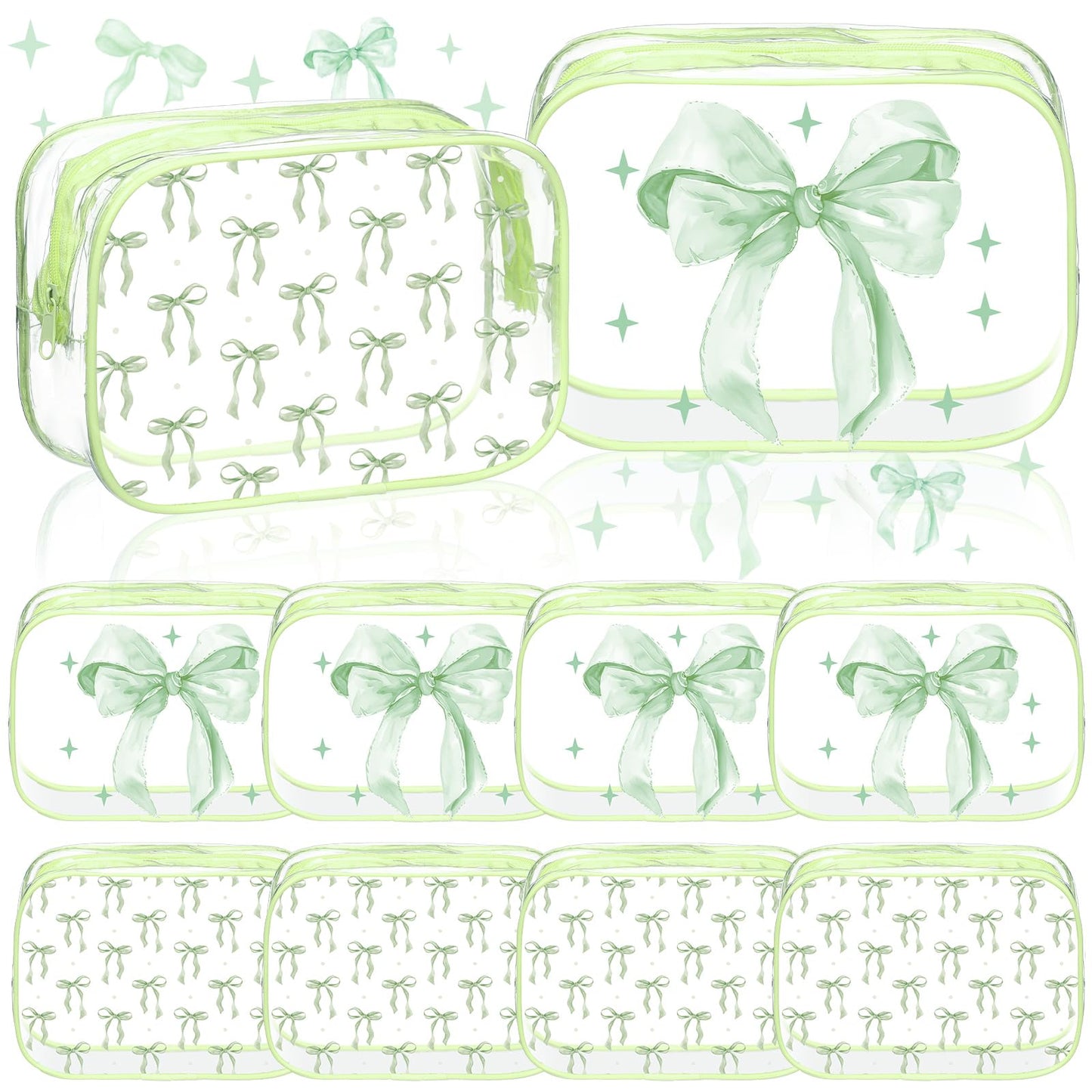 Kacctyen 10 Pcs Sage Green Bow Makeup Bags Bulk Gifts for Girl Women Birthday Party Favors Coquette Pastel Bow PVC Clear Cosmetic Bags Waterproof Travel Toiletry Pouch for Party Favors