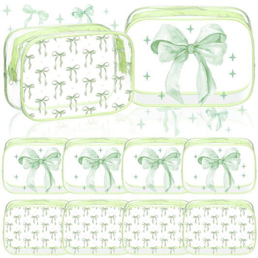 Kacctyen 10 Pcs Sage Green Bow Makeup Bags Bulk Gifts for Girl Women Birthday Party Favors Coquette Pastel Bow PVC Clear Cosmetic Bags Waterproof Travel Toiletry Pouch for Party Favors