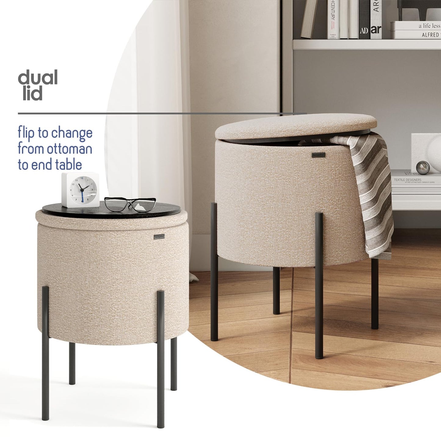 STORAGEBUD Round Ottoman with Storage, Boucle Storage Foot Stool, Makeup Vanity Stool, Small Ottoman Foot Rest, Modern Ottomans for Living Room and Bedroom, Beige