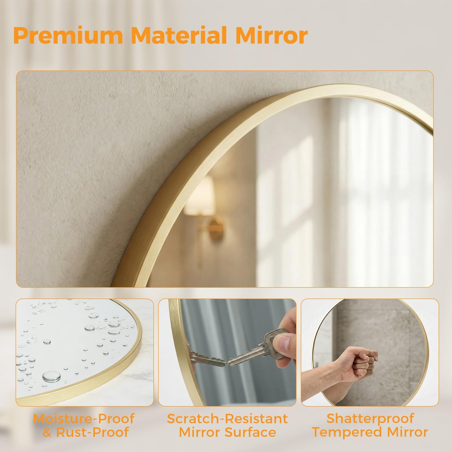 OLIXIS 20 Inch Gold Round Bathroom Wall Mirror, Round Bathroom Mirrors for Over Sink, Circle Mirror with Tempered Glass for Home Decor, Entryway, Bedroom, Vanity, Shatterproof& Crystal-Clear