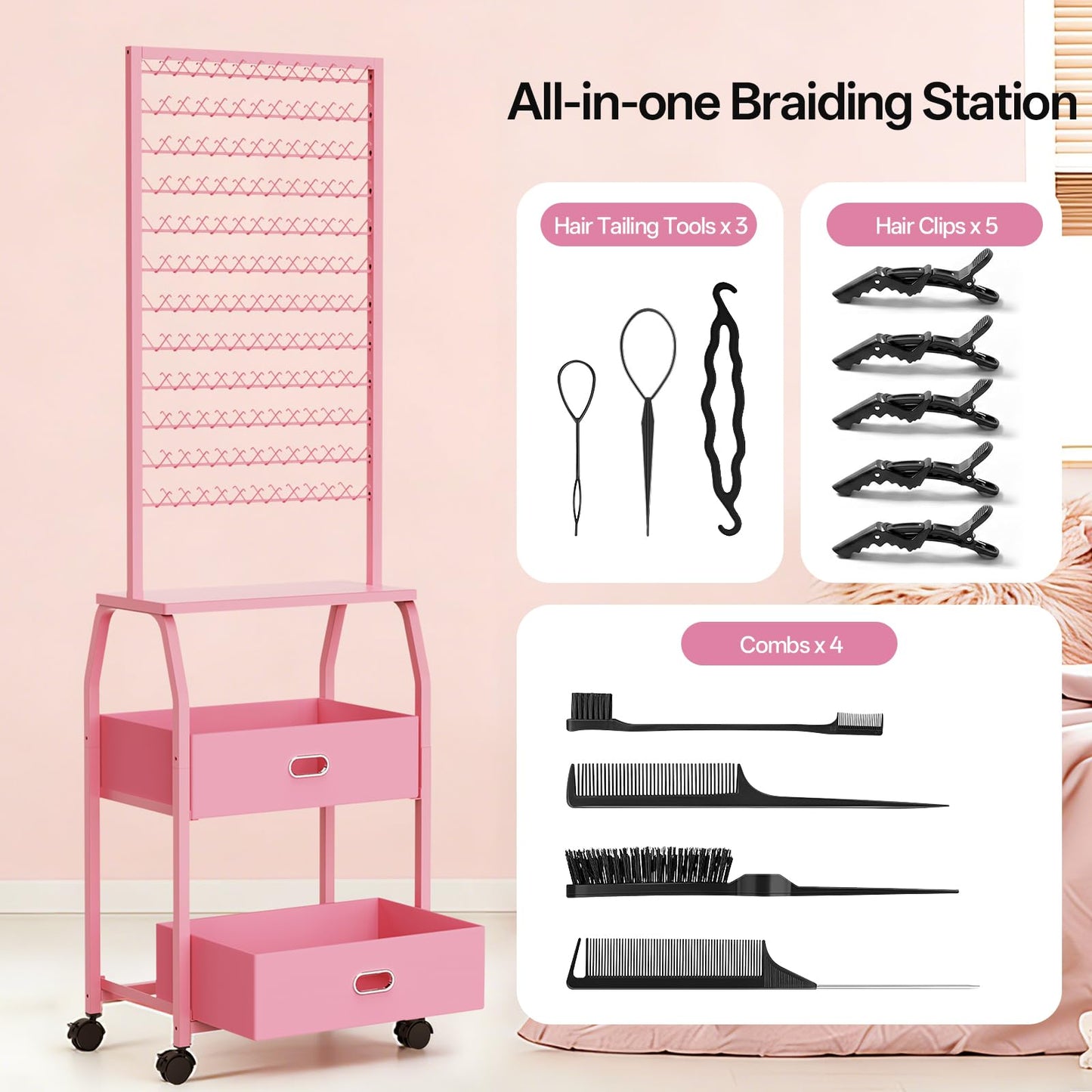 Portable Braiding Hair Rack with Wheels & Storage Drawers,2-Sided 288 Pegs,Hair Extension Holder Hanger for Braiding Hair Separator Stand Display,Hair Rack with Stylist Hair braiding Tools（Pink）