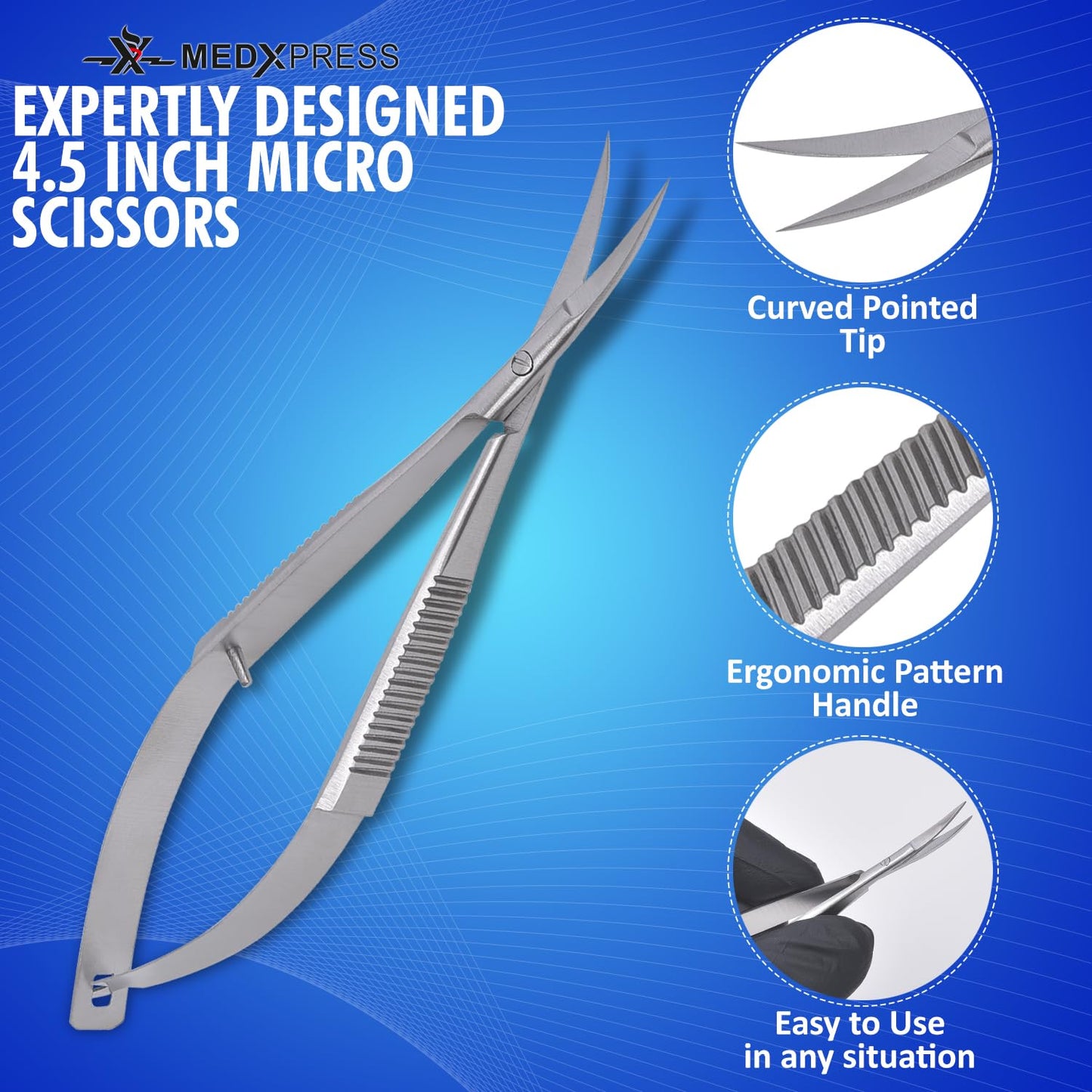 Medxpress Set of 3 Micro Scissors 4.5” Curved Embroidery Scissor Stainless Steel Trimming for Eyebrows and Eyelashes Extra Sharp Grooming Scissors Spring Action Sewing Arts & Crafts Squeeze scissors.