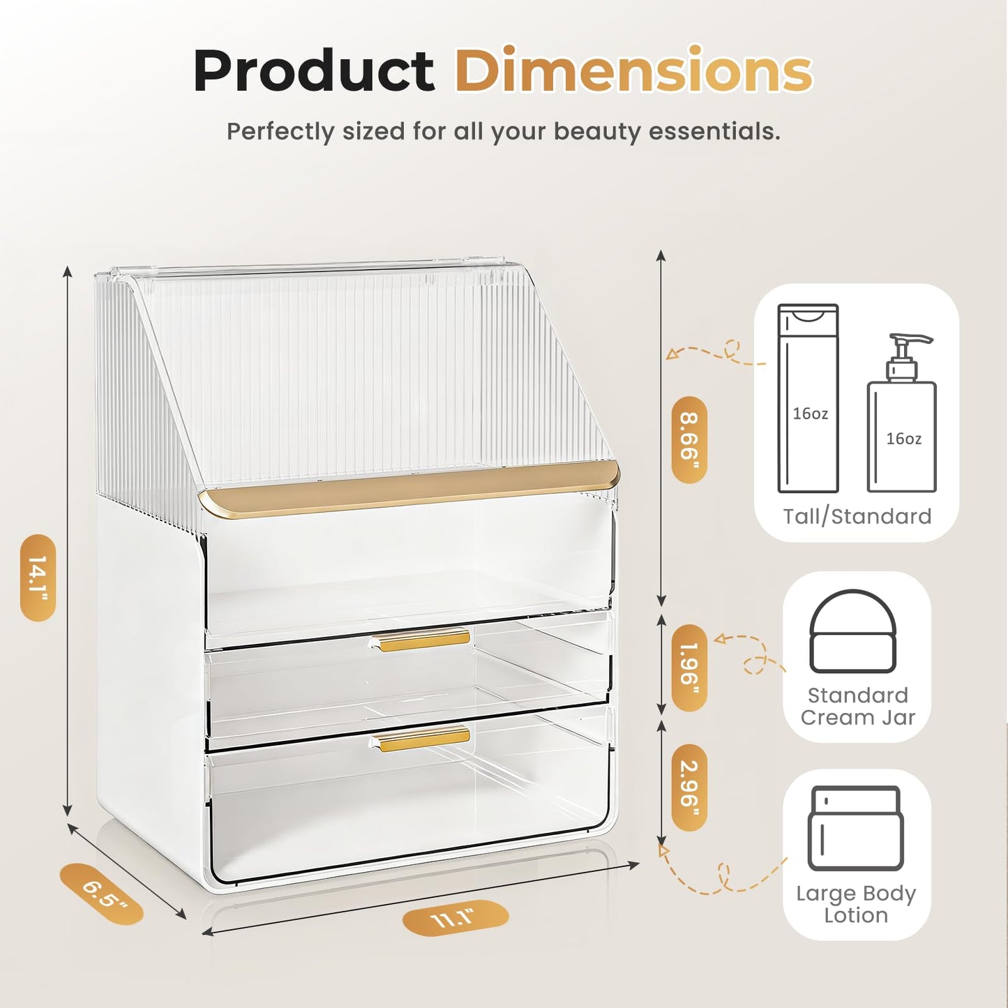 3-Tier Bathroom Countertop Makeup Organizer - Big Make Up Storage with Slide-Out Tray & Bottom Drawer, Transparent Acrylic for Cosmetics Brushes Lipsticks Skincare