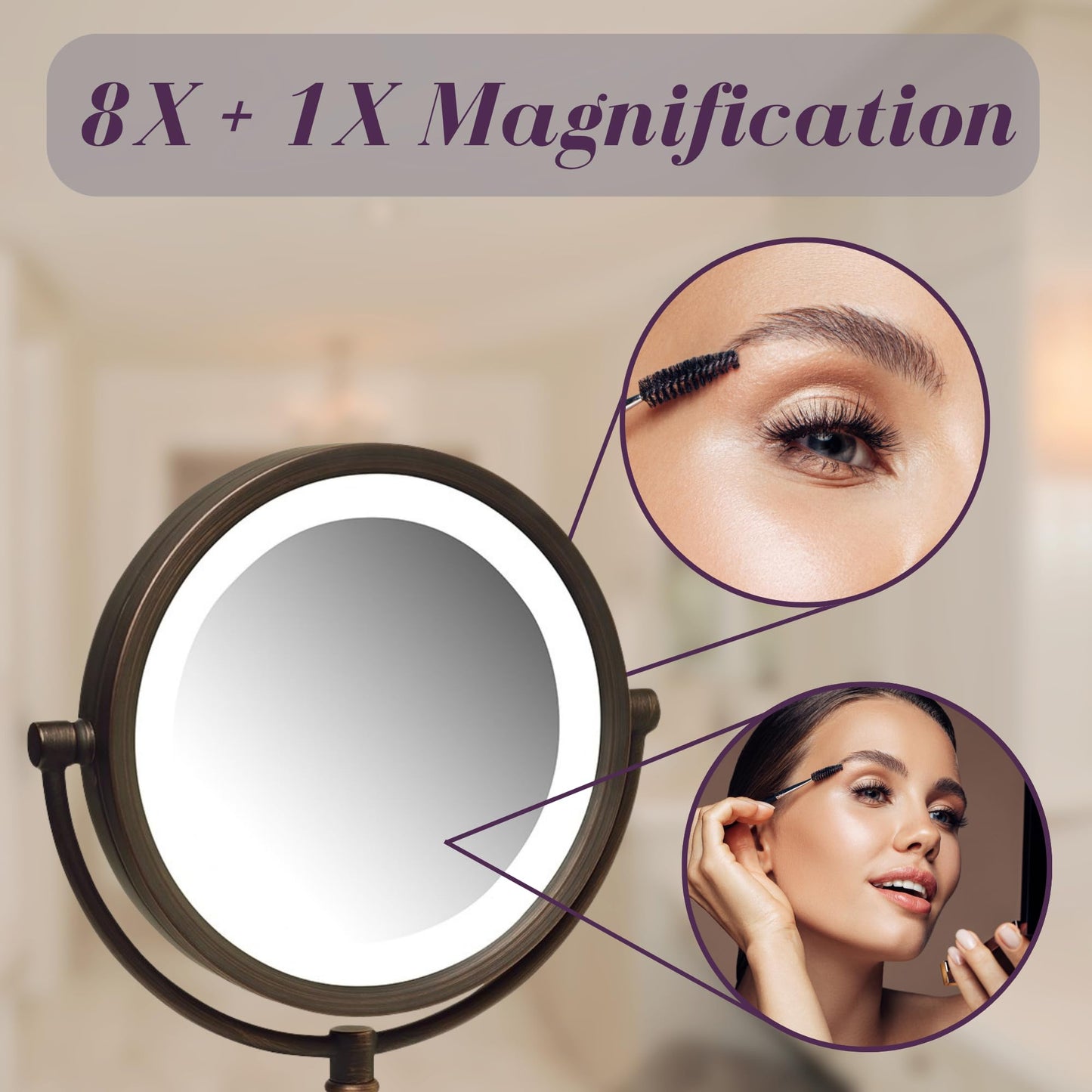 JERDON Tabletop Makeup Mirror with Lights - 1X/8X Magnification - Bronze 8.5" Vanity Mirror - Model HL8808BZL