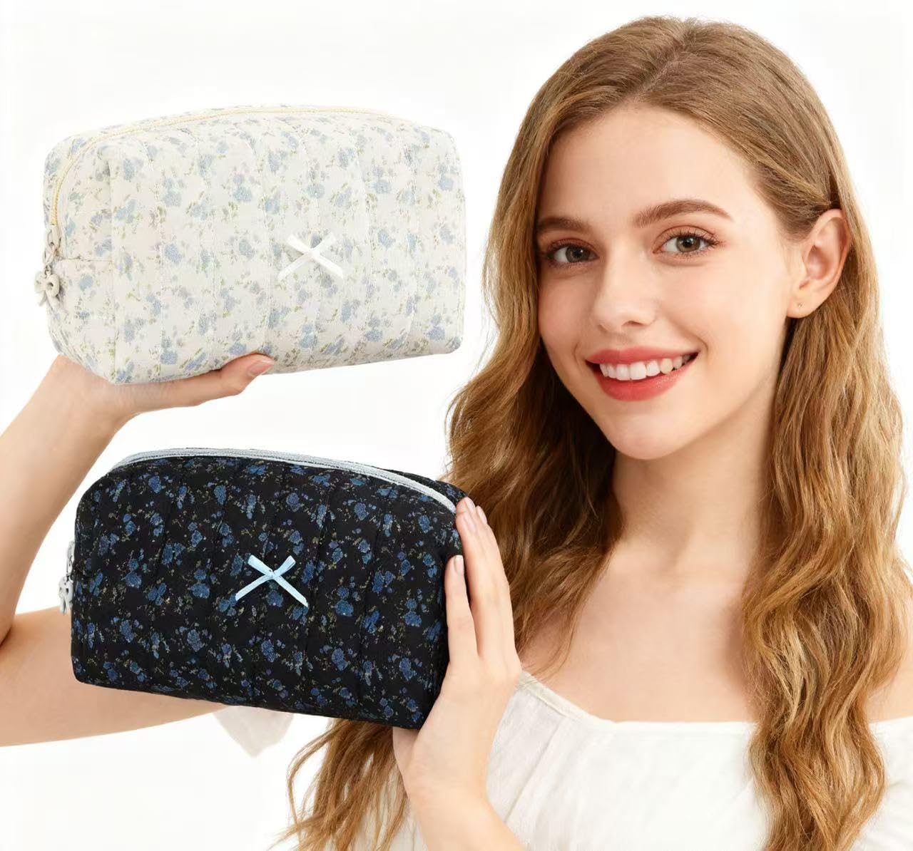 2 Pack Puffy Quilted Makeup Bag Set,Floral Quilted Makeup Pouch,Coquette Cotton Toiletry Bag for Travel Women Girl, Flower Cute Pouch Travel Toiletry Bags,Aesthetic Travel Cosmetic Bags