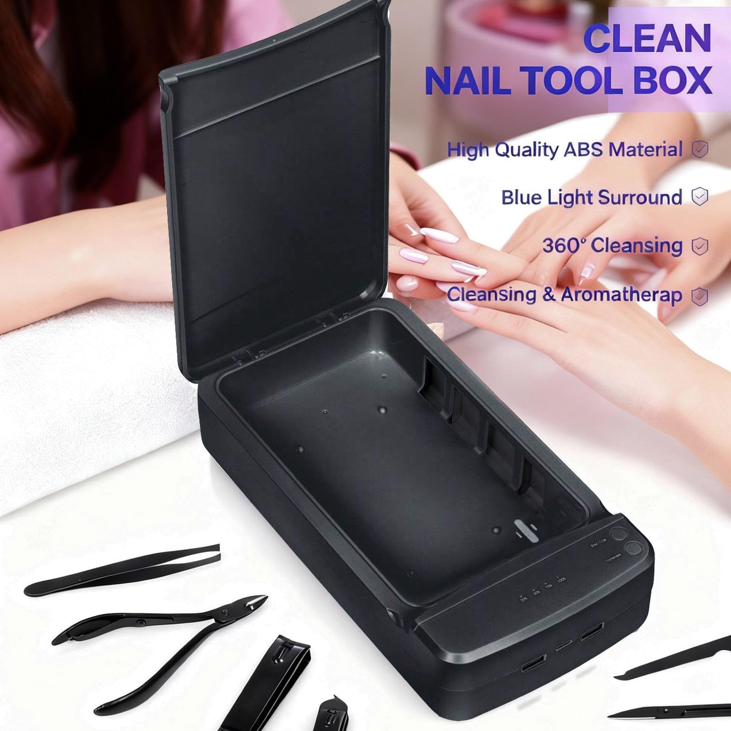 Nail Tool Sterilizer Box, ALLGLAM Portable Sterilizing Box for Nail Manicure Tools, Beauty Tweezers, Tattoo,Mobile Phone Cleaning (Black)