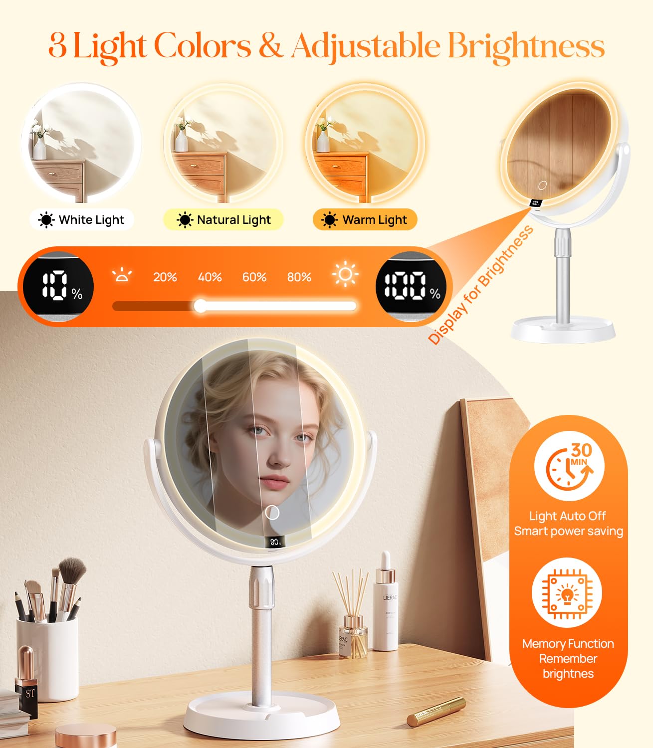 Gospire ABS 7" Lighted Makeup Mirror with Lights and Magnification, 20X Magnifying Mirror with Light for Makeup Desk, Height Adjustable and Digital Display - White Silver