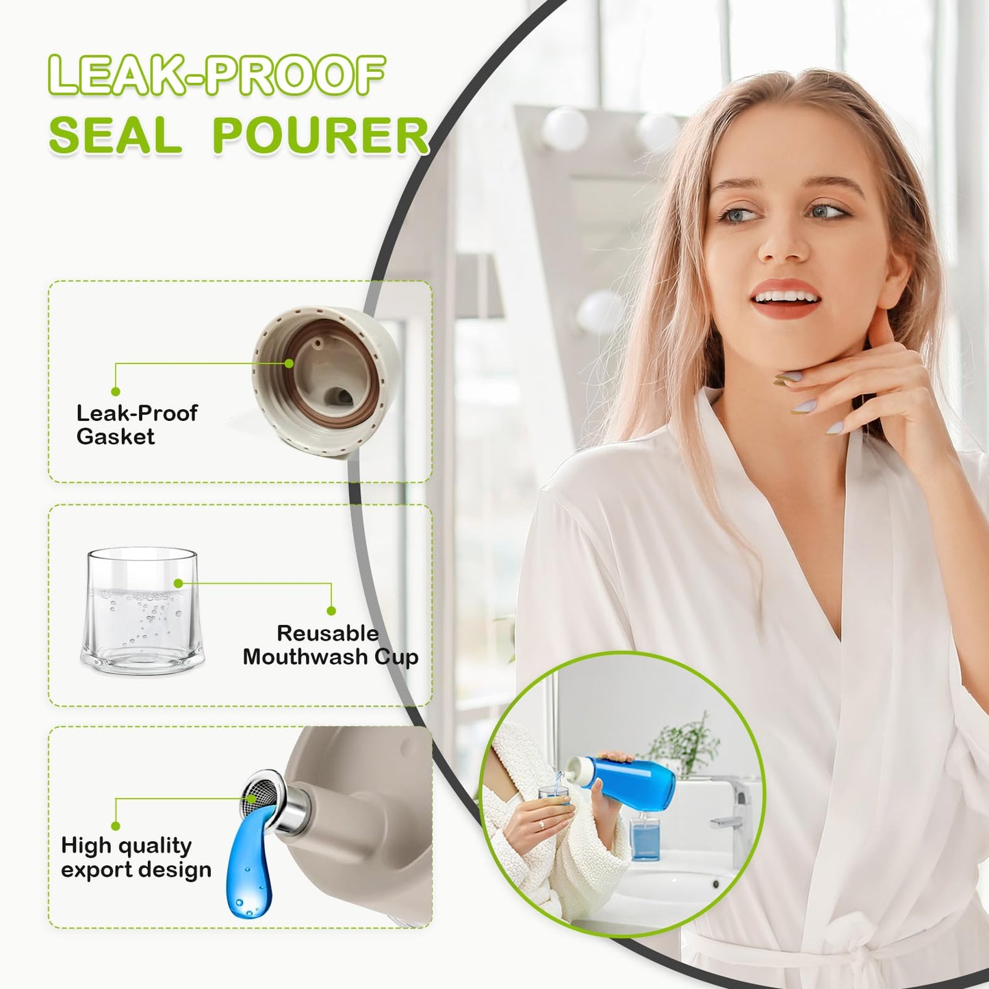 BTIFU Glass Mouthwash Dispenser for Bathroom, 8.8oz Refillable Mouth Wash Container Bottle with Lid Cup, Small Clear Mouthwash Dispensers Decanter for Countertop, Set of 2
