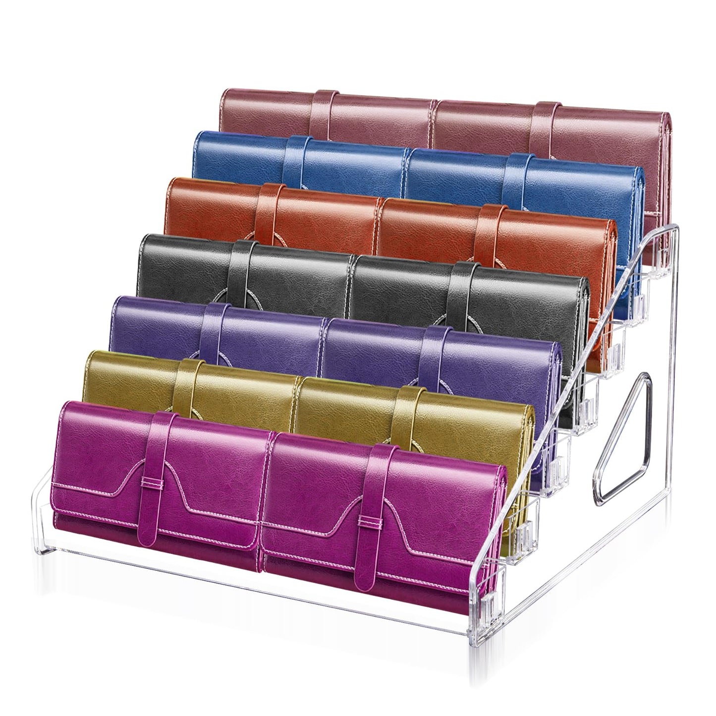 Bsenogou Wallet Display Stand, Acrylic 7-Tier Purse Display Stand, 7.8" Handbag & Perfume Organizer Rack, Cosmetic Jewelry Sunglasses Makeup Accessories Shelf (1 Pack)
