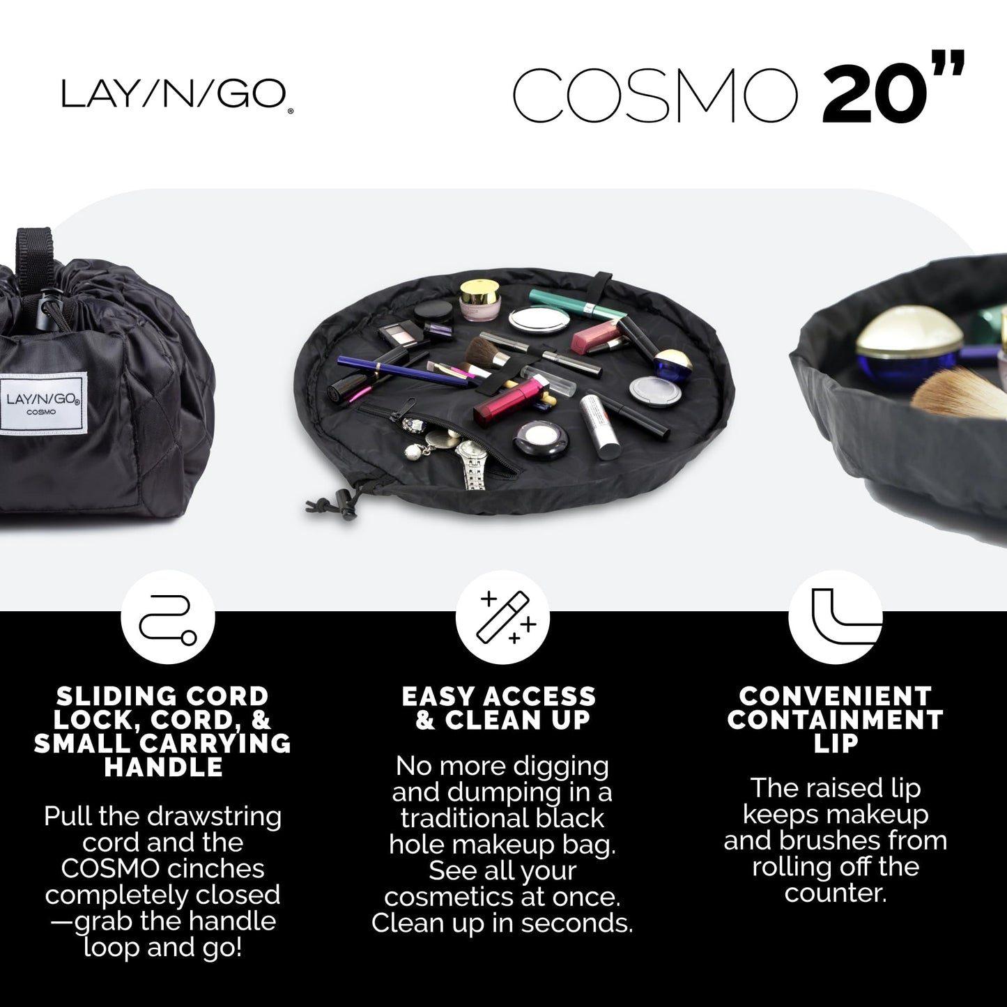 Lay-n-Go Cosmo Lay Flat Drawstring Cosmetic & Makeup Bag Organizer - Zipper Pocket, Brush Loops & More - Durable, Machine Washable Toiletry Carrier for Travel, Cinch Closure, Gift (20", Evergreen)