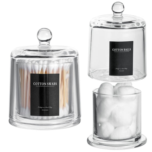 Qtip Holder Thick Glass Apothecary Jars with Lid for Bathroom Accessories Vanity Organizers and Makeup Storage for Cotton Ball, Swabs, Candy, Jewelry, Bathroom Decor, 2 Pack Clear