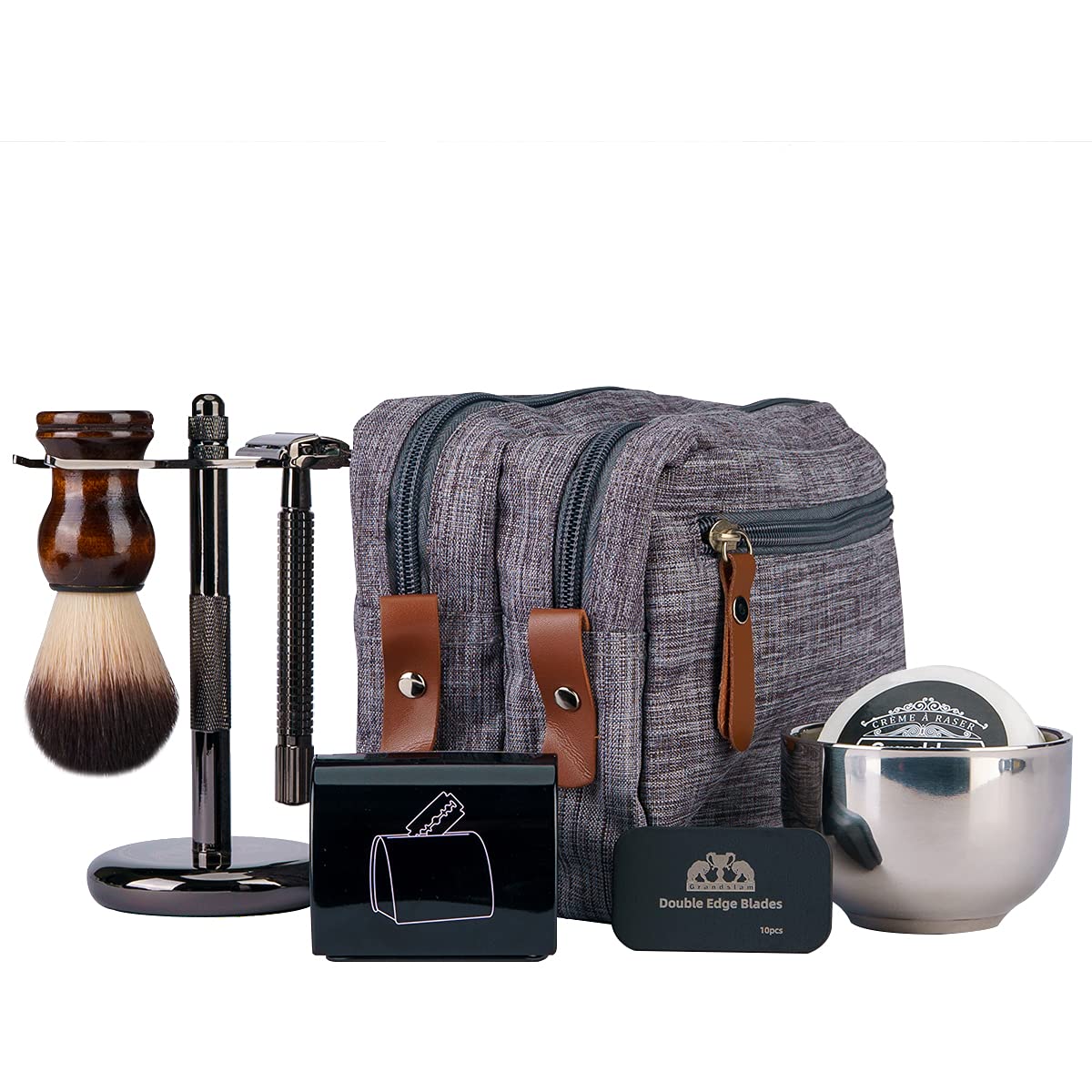 Grandslam Shaving Kit for Men, Safety Razor with 10 Blades, Shaving Brush, Stand and Soap Cream, Stainless Steel Bowl, Canvas & Leather Dopp Kit Gift Set