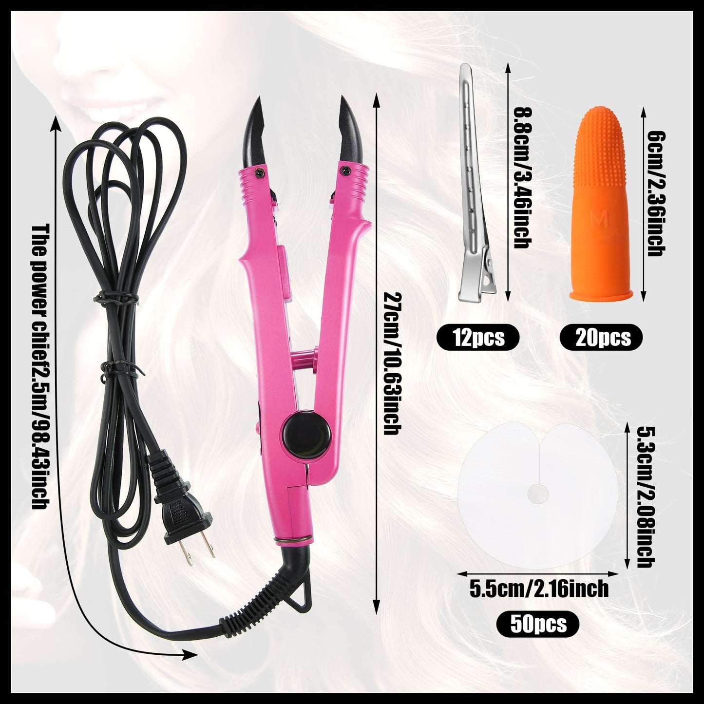 Keratin Hair Extension Kit: Heat Iron, Keratin Glue Granules, Protector Templates, Hair Clips, and Finger Protector(Pink)