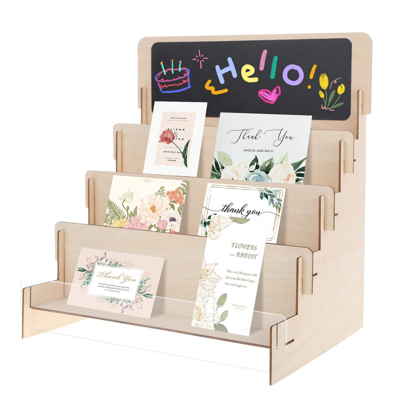 Wooden Greeting Card Display Stand - 4-Tier DIY Customizable Chalkboard Top Sticker Organizer Rack, Tool-Free Assembly Countertop Holder for Party Decor, Holiday Cards, Small Gifts & Home Decor