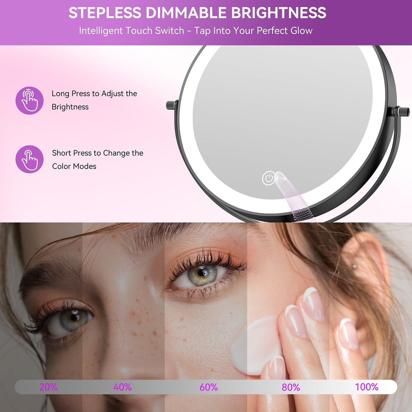 Auxmir 9" Large Lighted Makeup Mirror with Magnification, 1X/30X Double Sided Magnifying Mirror with Adjustable Height, Rechargeable Vanity Mirror with 3 Color Dimmable Lights, 360° Rotation