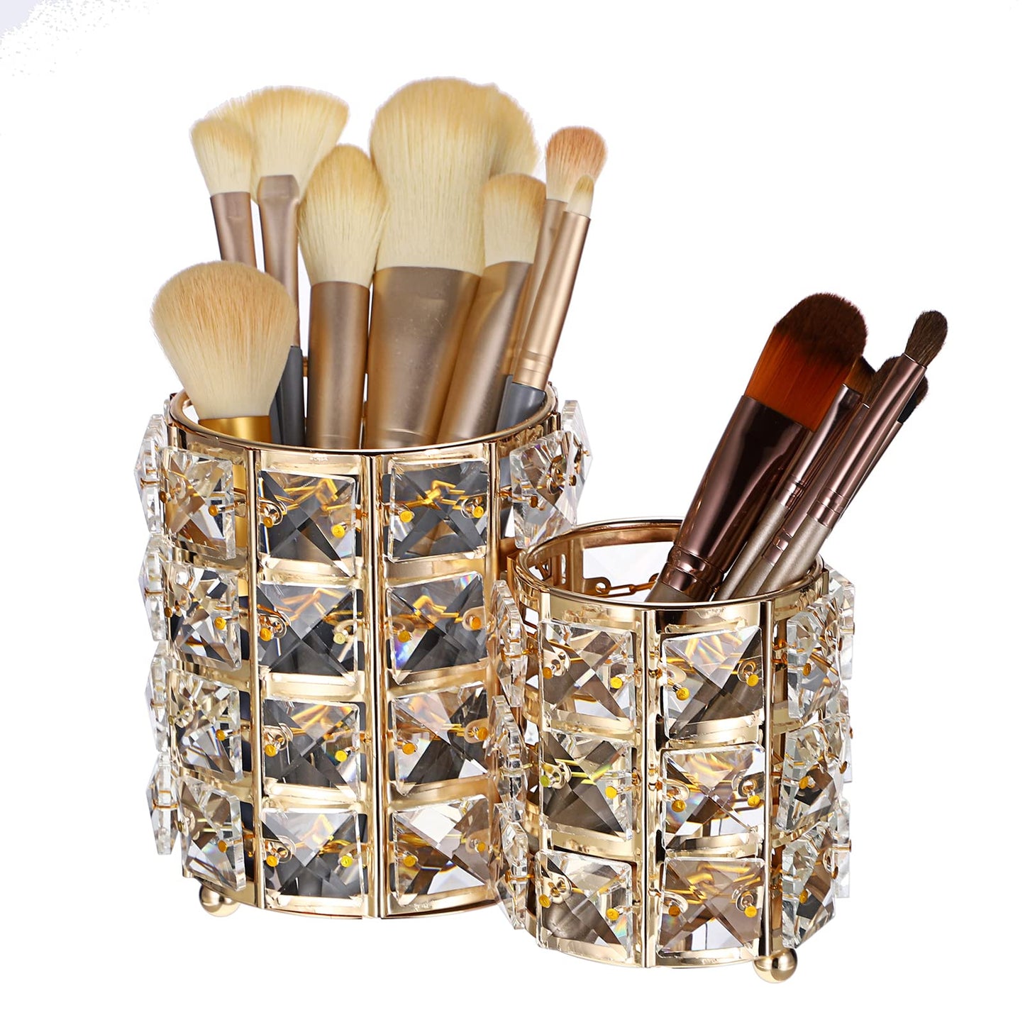Hipiwe Makeup Brush Holder Gold Bling Crystal Makeup Brush Organizer Round Remote Control Holder Cosmetic Brush Tools Comb Pen Pencil Storage Pot Cup for Vanity, Office, Home Decor, 2-Slot