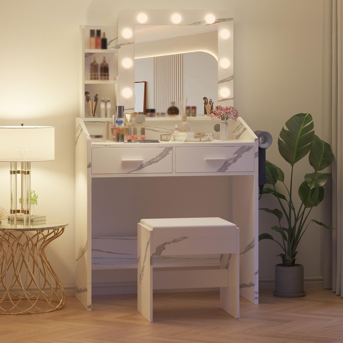 Garvee Marble White Vanity Table Set with Large Mirror – Dimmable LED Lights, 7 Drawers, Cushioned Stool, Adjustable Lighting, Power Outlet, Hairdryer Holder – Bedroom, Marble White