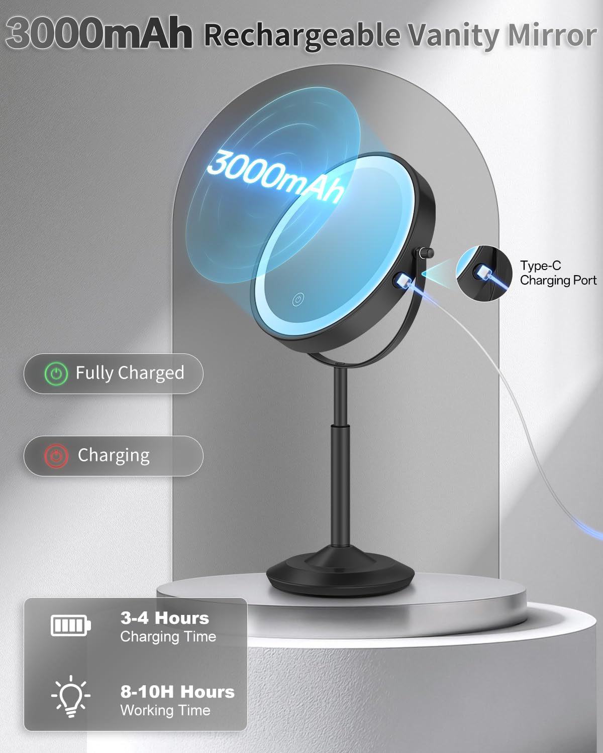 VFD 30X/1X Makeup Mirror with Lights, Height Adjustable Lighted Magnifying Vanity Mirror with 3 Lighting and Adjustable Brightness, 3000mAh Rechargeable Double Sided Switch for Desk Women Gift