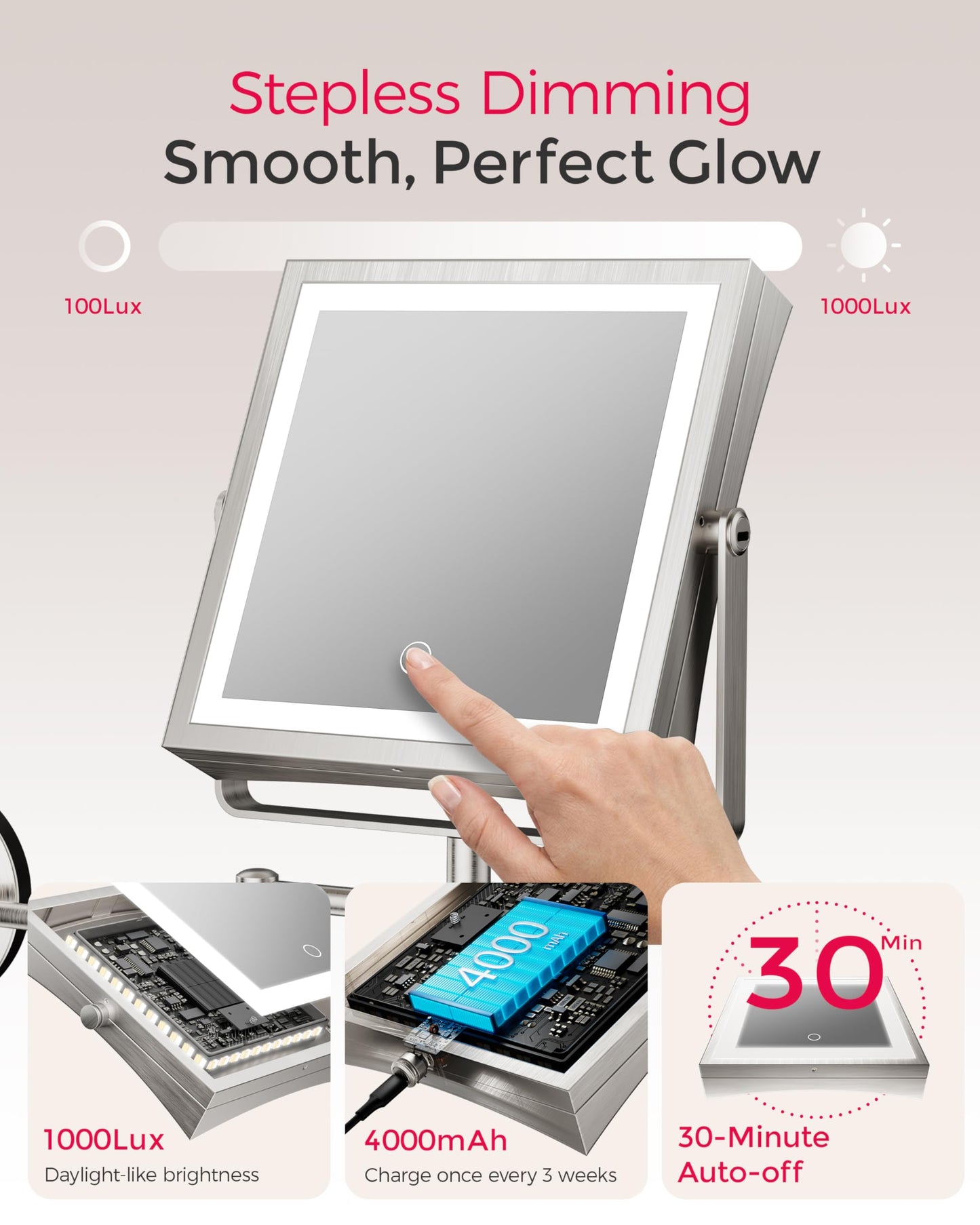 WZKALY Rechargeable Wall Mounted Makeup Mirror with Lights, 4000mAh Double Sided 1X/10X Magnifying Vanity Mirror with 3 Color Lights, Touch Dimmable, 360° Extension Foldable Arm(Brushed Nickel）
